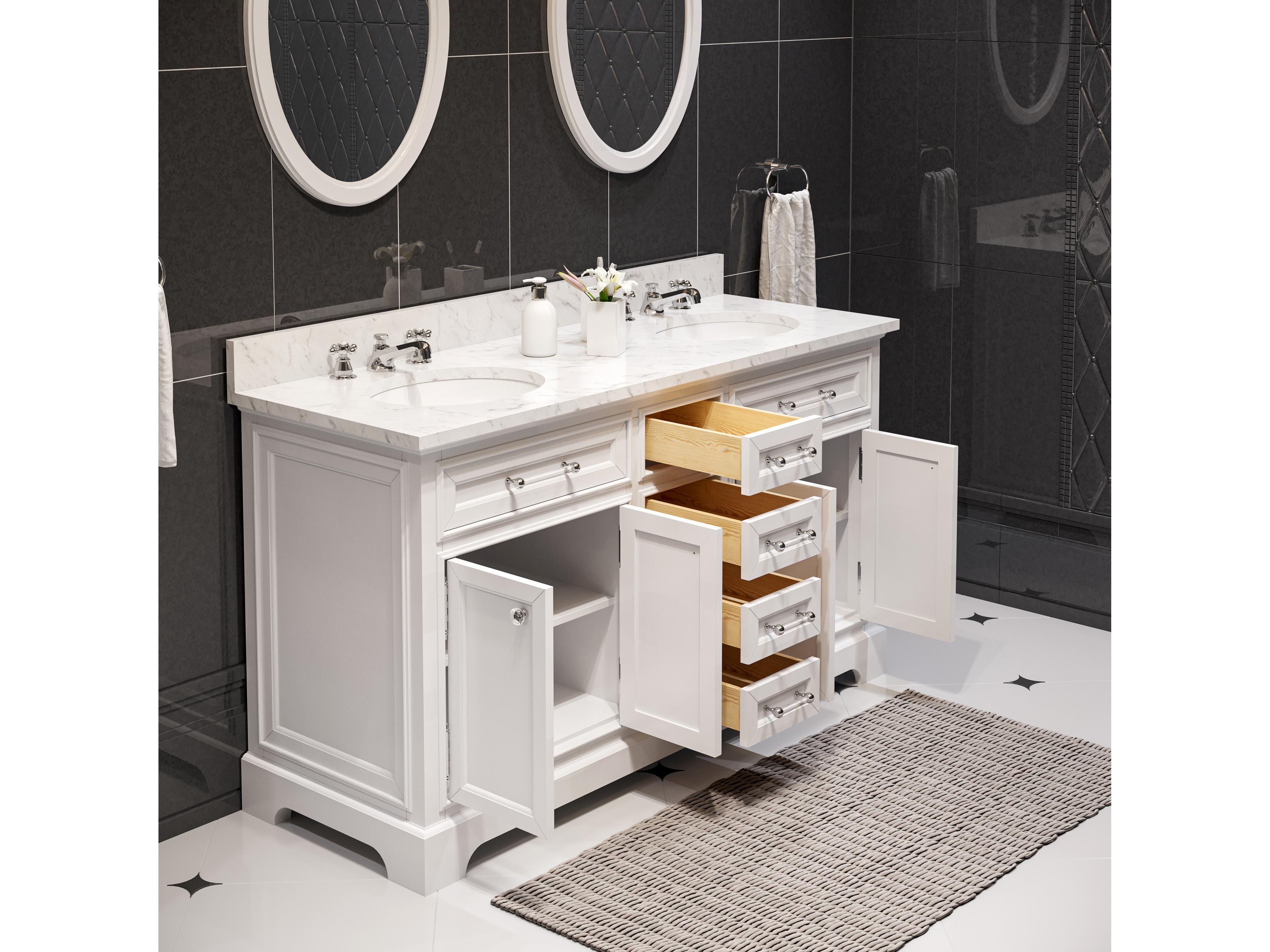 Water Creation Derby Double Sink Carrara White Marble Countertop Bath Vanity In Pure White