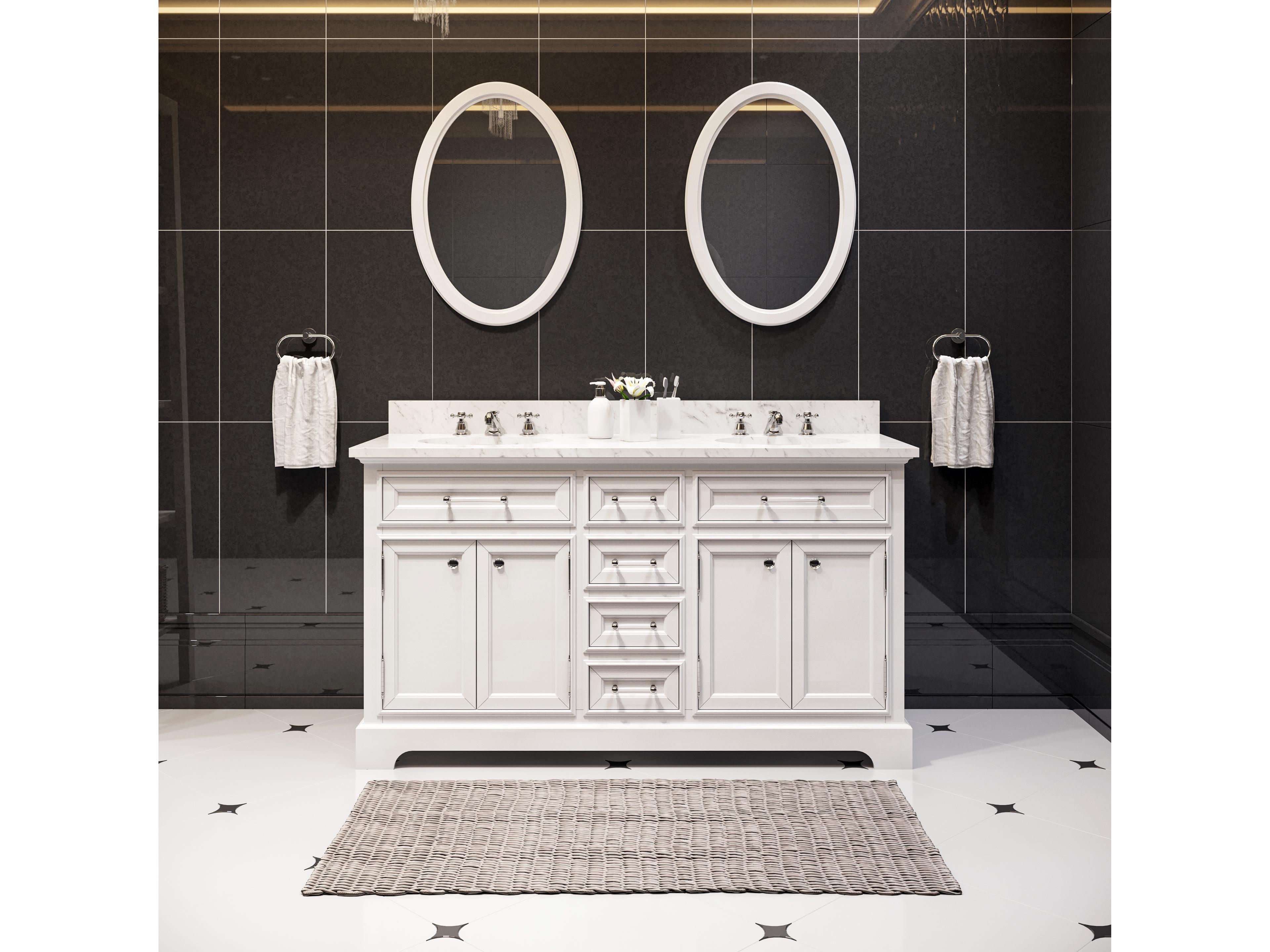 Water Creation Derby Double Sink Carrara White Marble Countertop Bath Vanity In Pure White with Chrome Classic Faucets