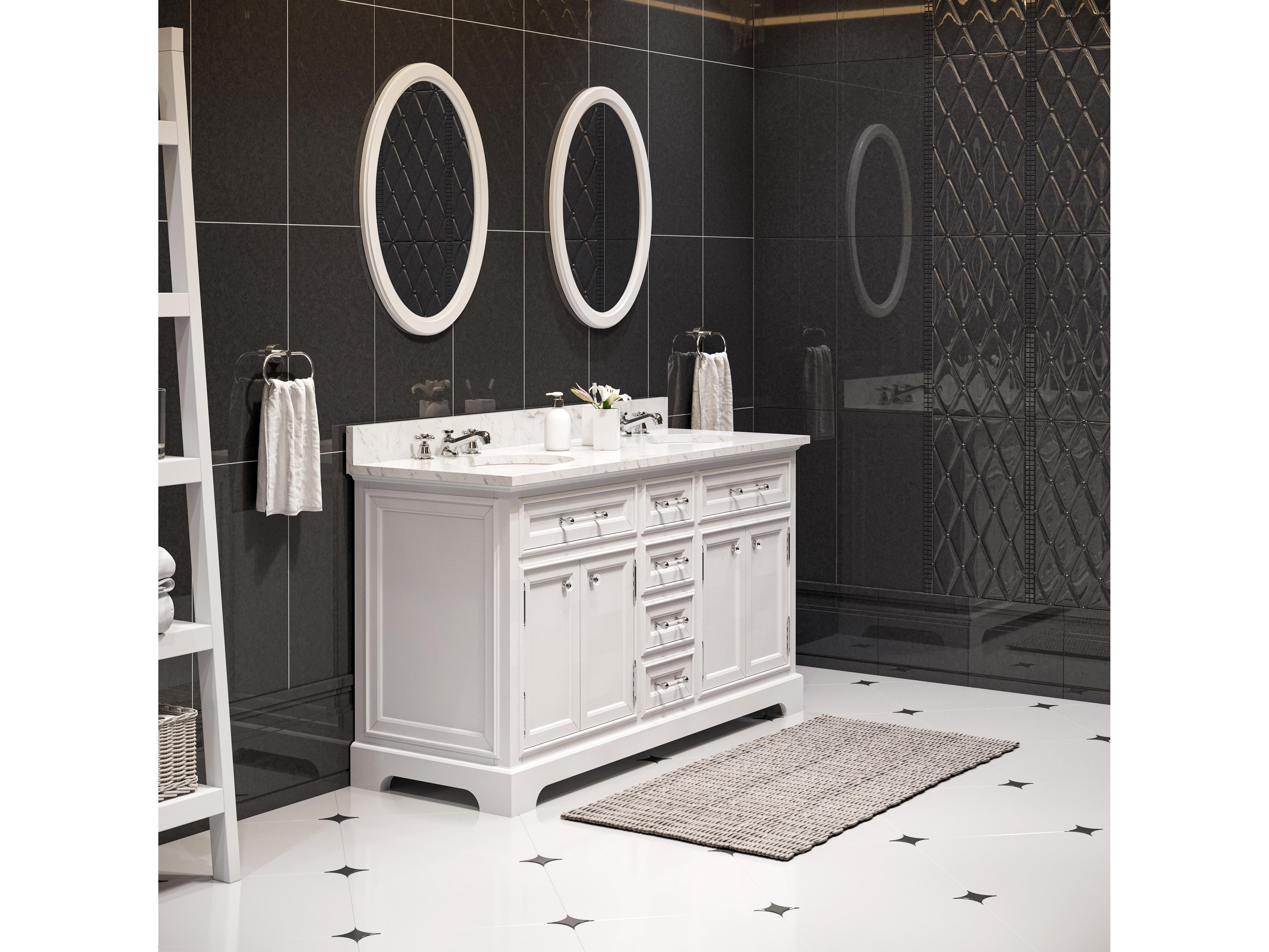 Water Creation Derby Double Sink Carrara White Marble Countertop Bath Vanity In Pure White with Chrome Classic Faucets