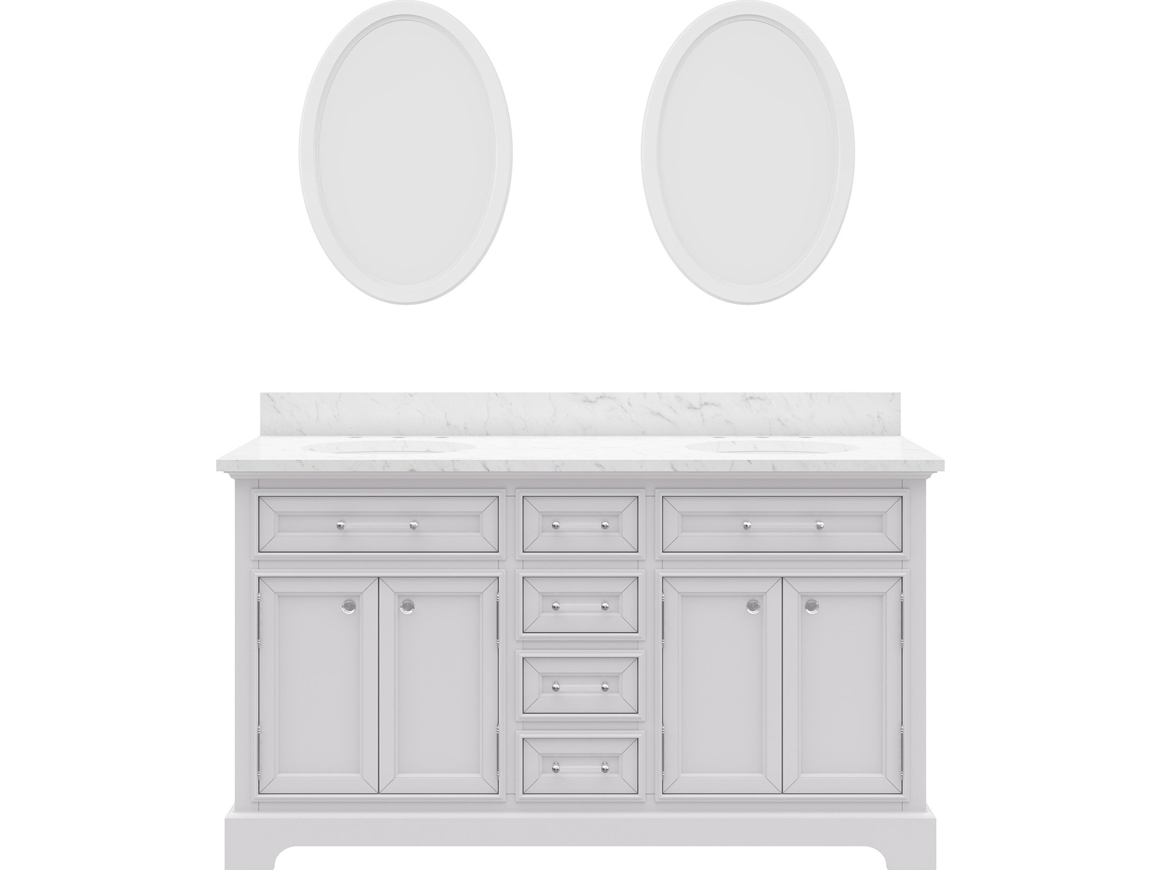 Derby Double Sink Carrara White Marble Countertop Bath Vanity In Pure White with Oval Mirrors (S)