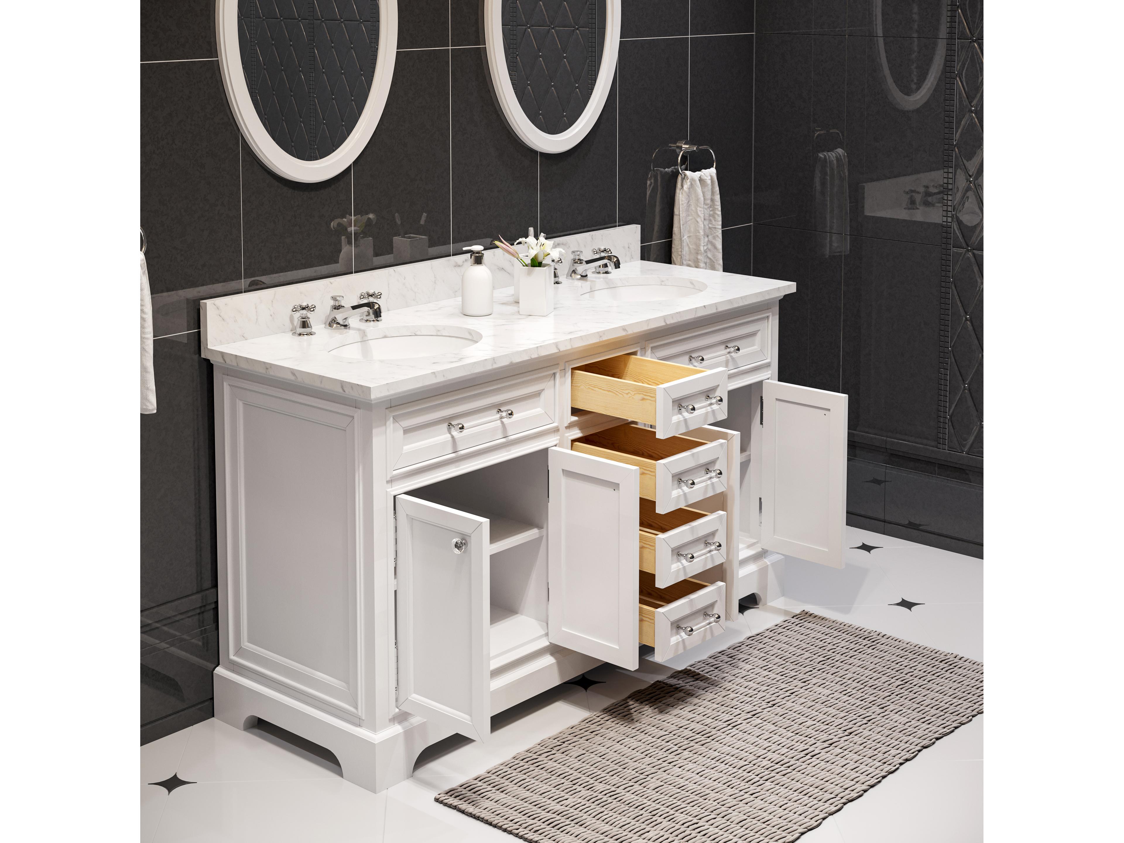 Water Creation Derby Double Sink Carrara White Marble Countertop Bath Vanity In Pure White with Oval Mirrors (S)