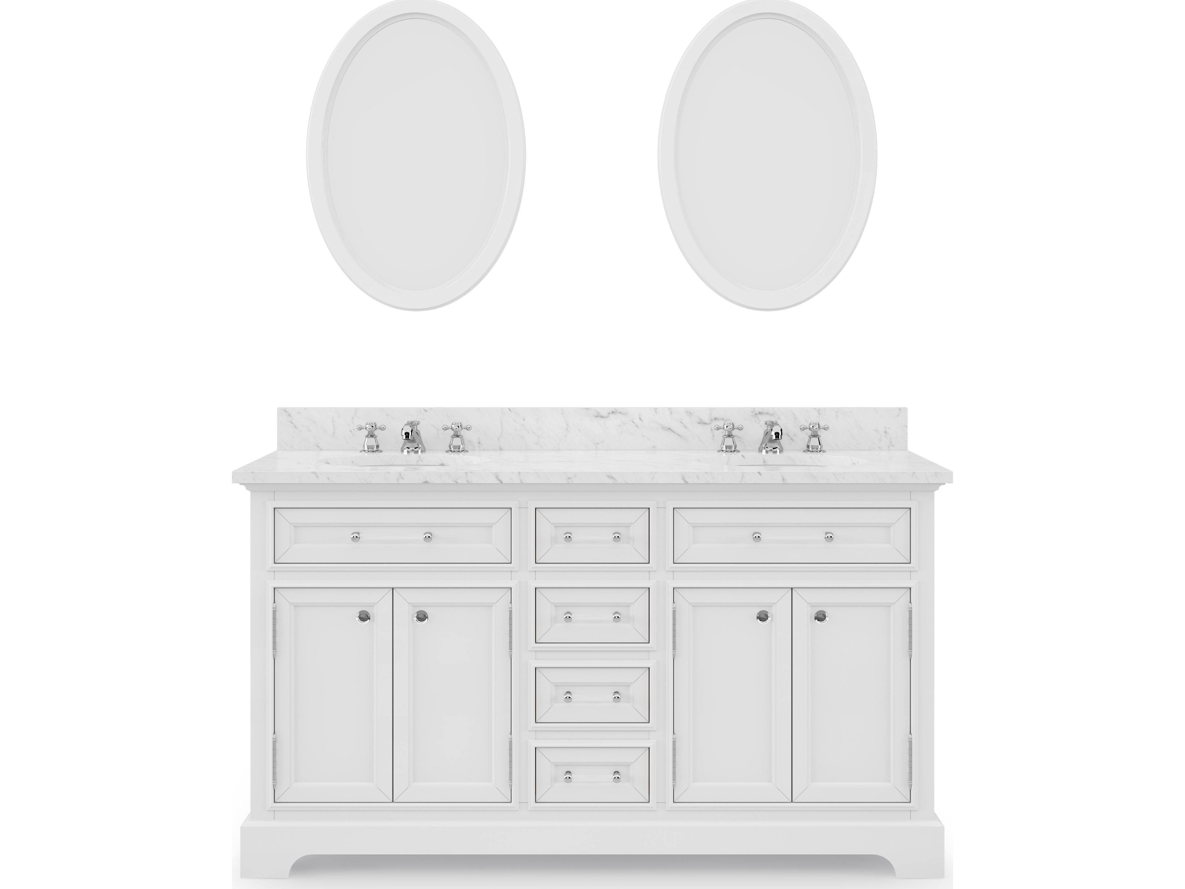 Derby Double Sink Carrara White Marble Countertop Bath Vanity In Pure White with Chrome Classic Faucets and Oval Mirrors (S)