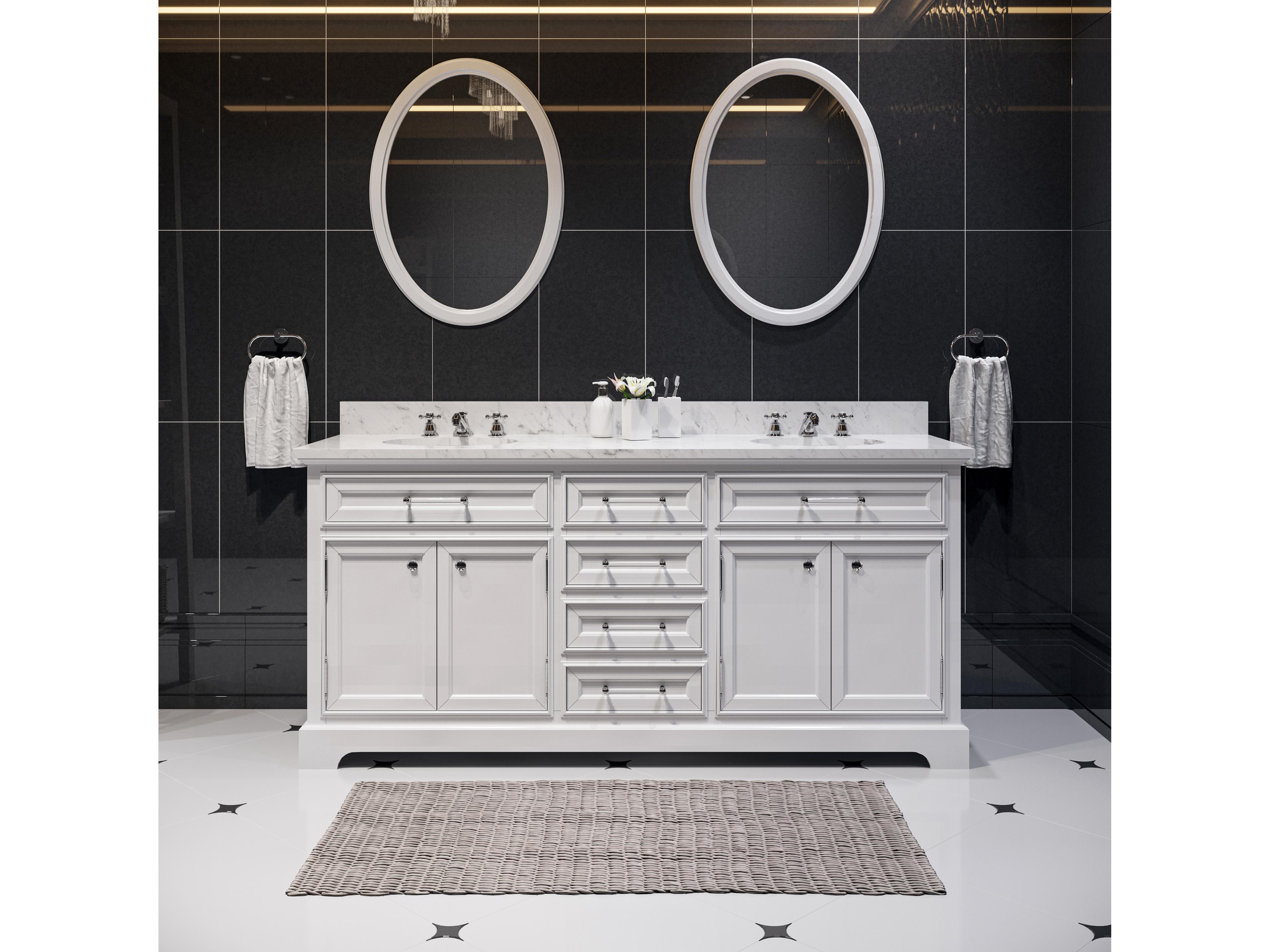 Water Creation Derby Pure White Double Sink Bathroom Vanity With Matching Framed Mirrors And Faucets