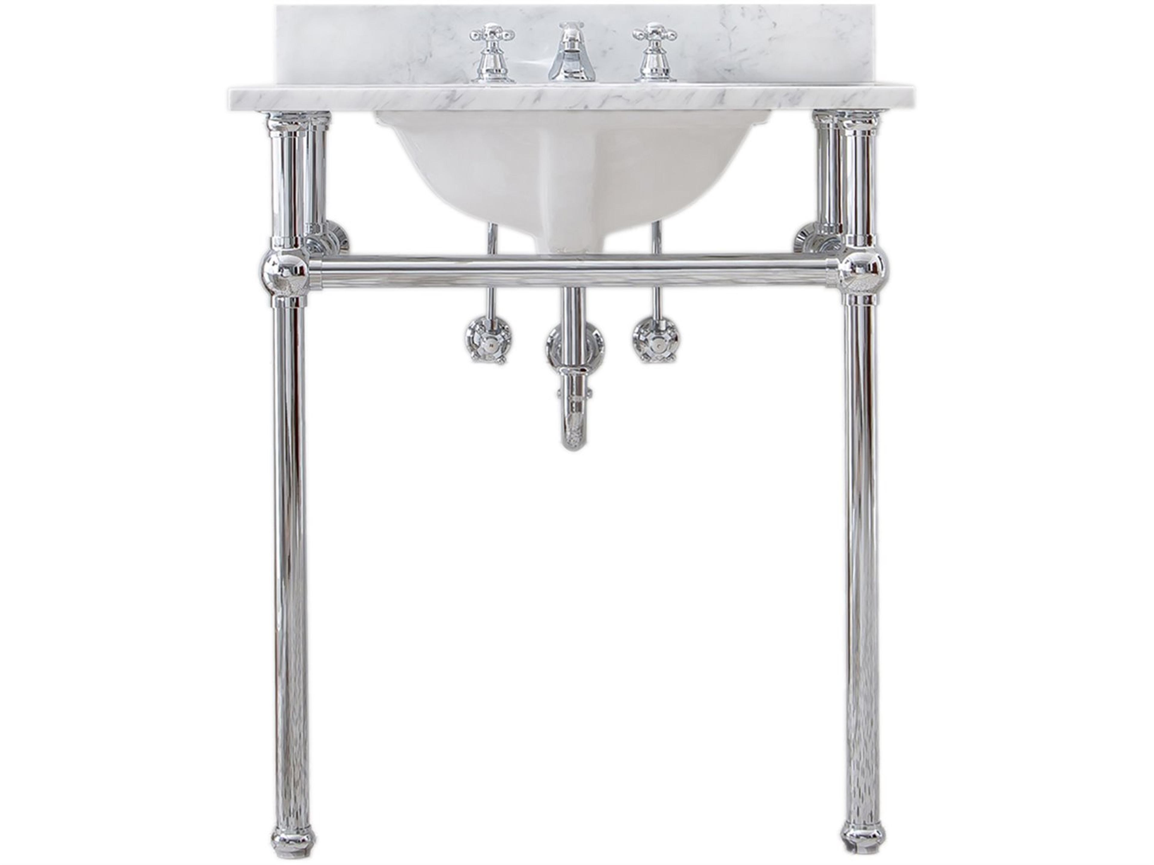 Water Creation Embassy Single Wash Stand, P-Trap, Carrara White Marble Countertop with Oval Basin, and Classic Faucet in Chrome Finish