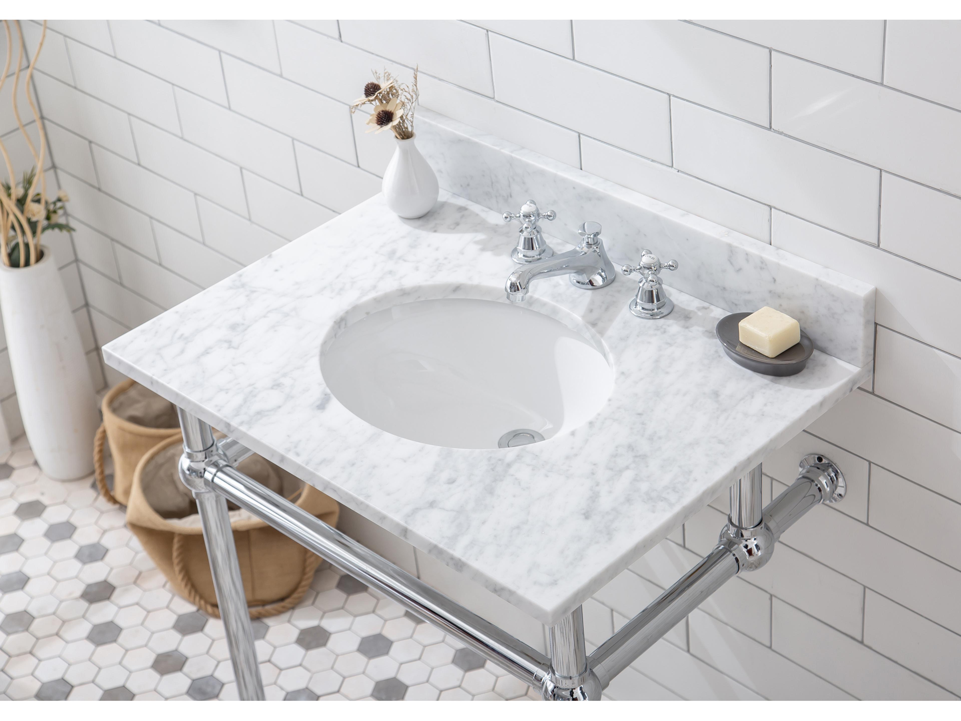 Water Creation Embassy Single Wash Stand, P-Trap, Carrara White Marble Countertop with Oval Basin, and Classic Faucet in Chrome Finish