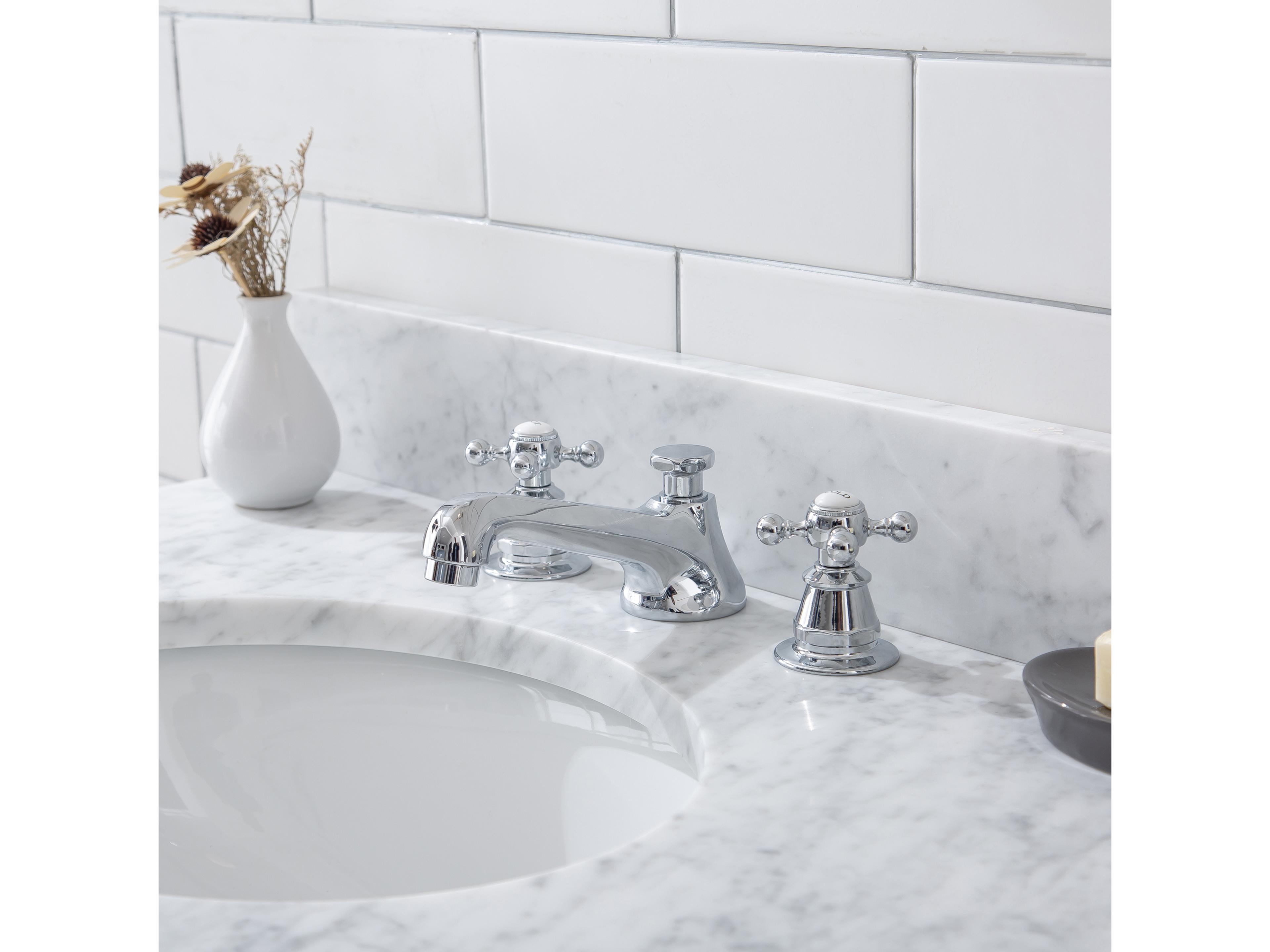 Water Creation Embassy Single Wash Stand, P-Trap, Carrara White Marble Countertop with Oval Basin, and Classic Faucet in Chrome Finish