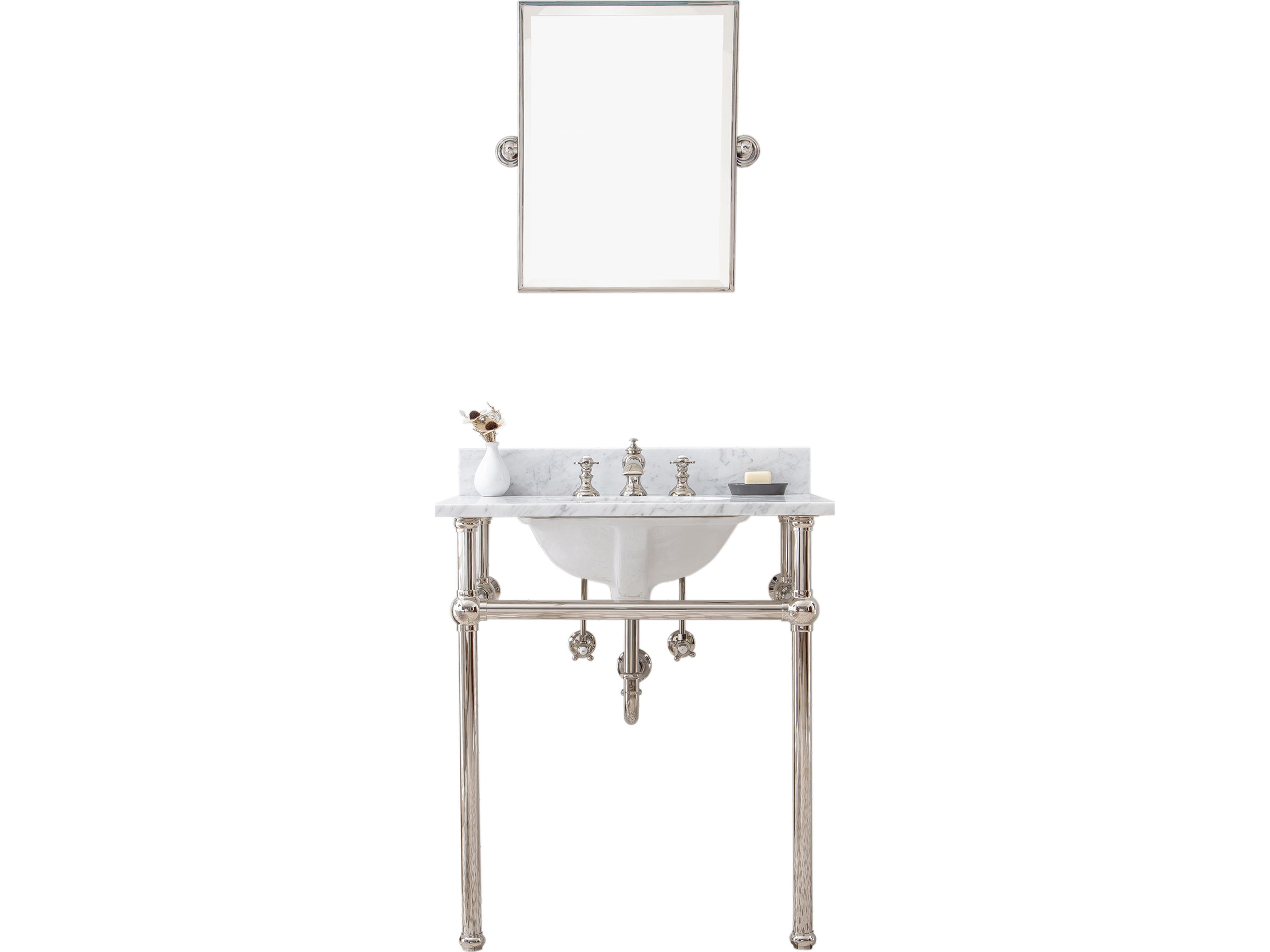 Water Creation Embassy Single Wash Stand, P-Trap, Carrara White Marble Countertop with Oval Basin, Waterfall Faucet and Rectangular Mirror in Polished Nickel Finish