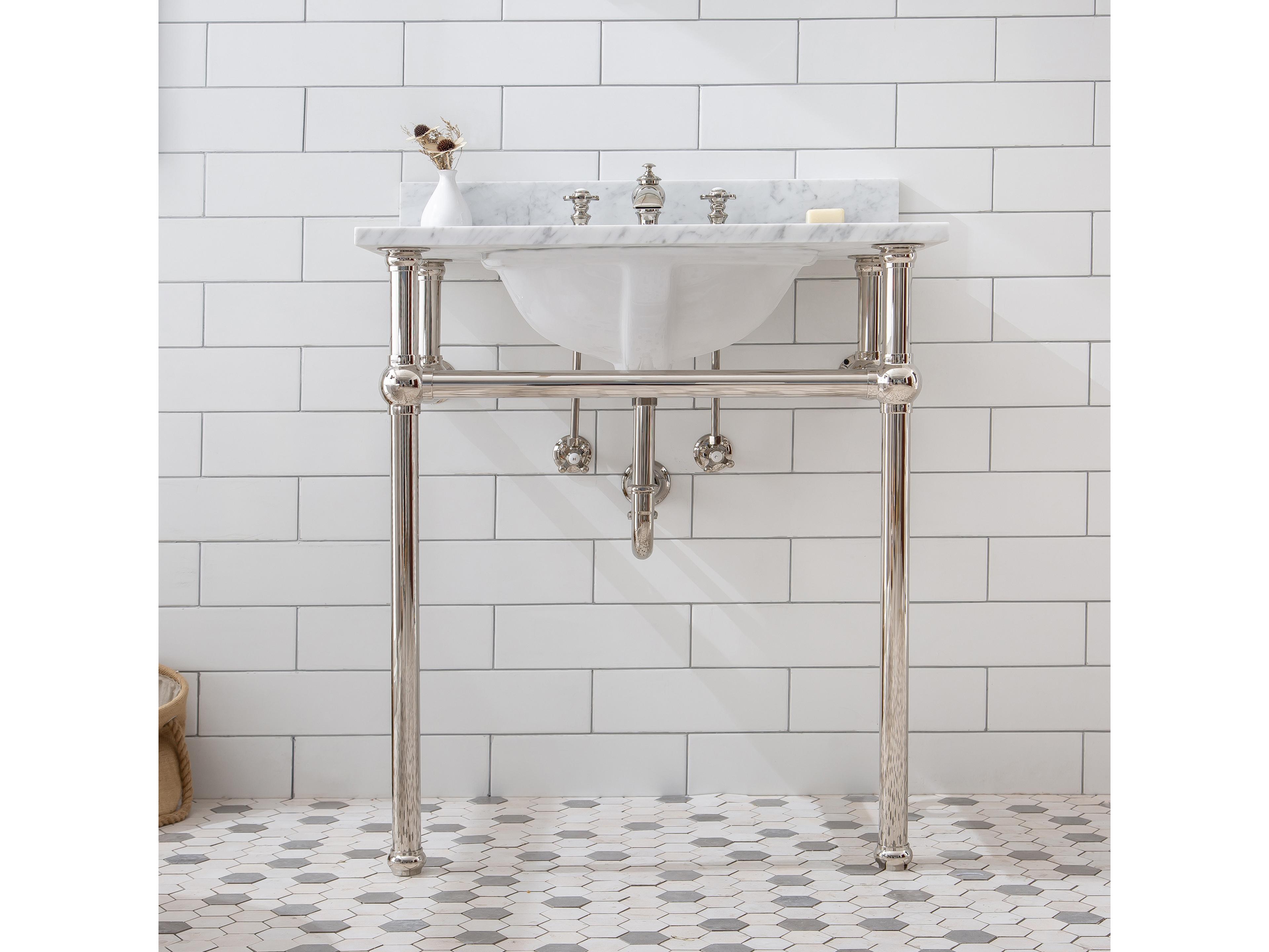 Water Creation Embassy Single Wash Stand, P-Trap, Carrara White Marble Countertop with Oval Basin, Waterfall Faucet and Rectangular Mirror in Polished Nickel Finish