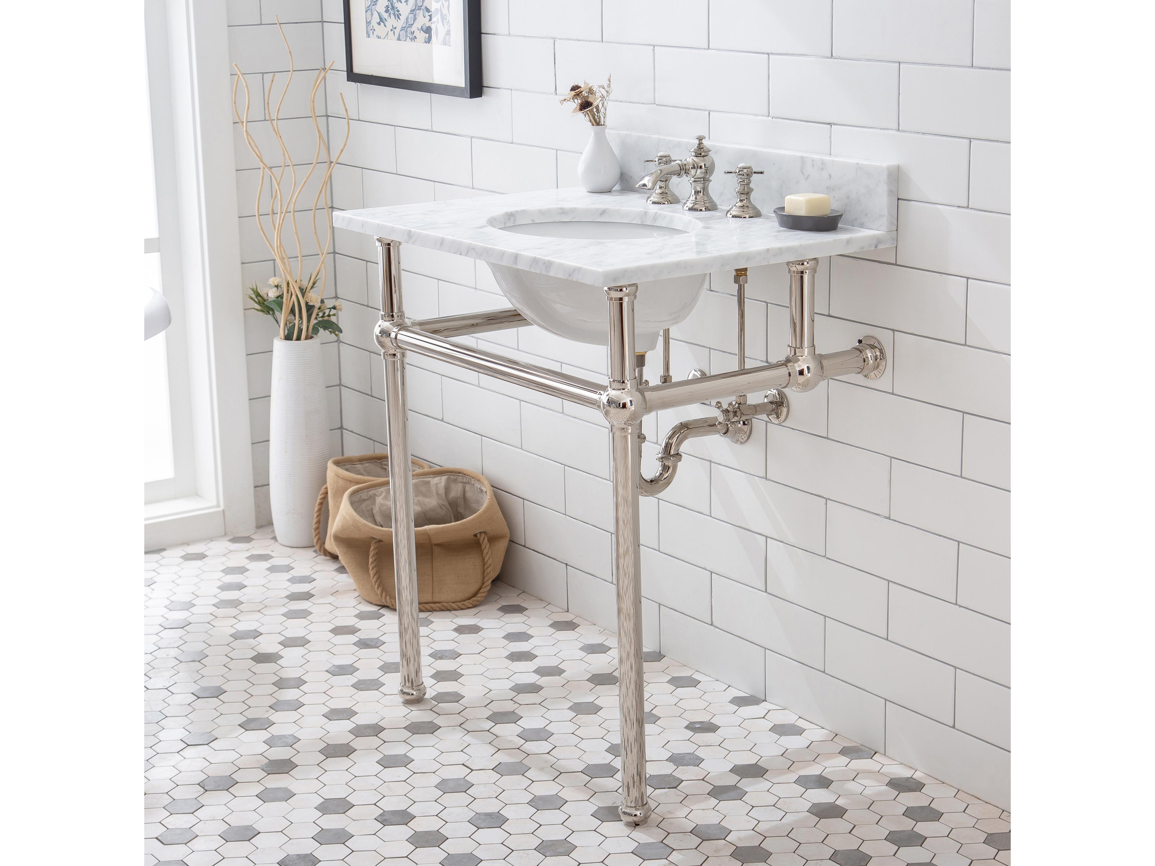 Water Creation Embassy Single Wash Stand, P-Trap, Carrara White Marble Countertop with Oval Basin, Waterfall Faucet and Rectangular Mirror in Polished Nickel Finish