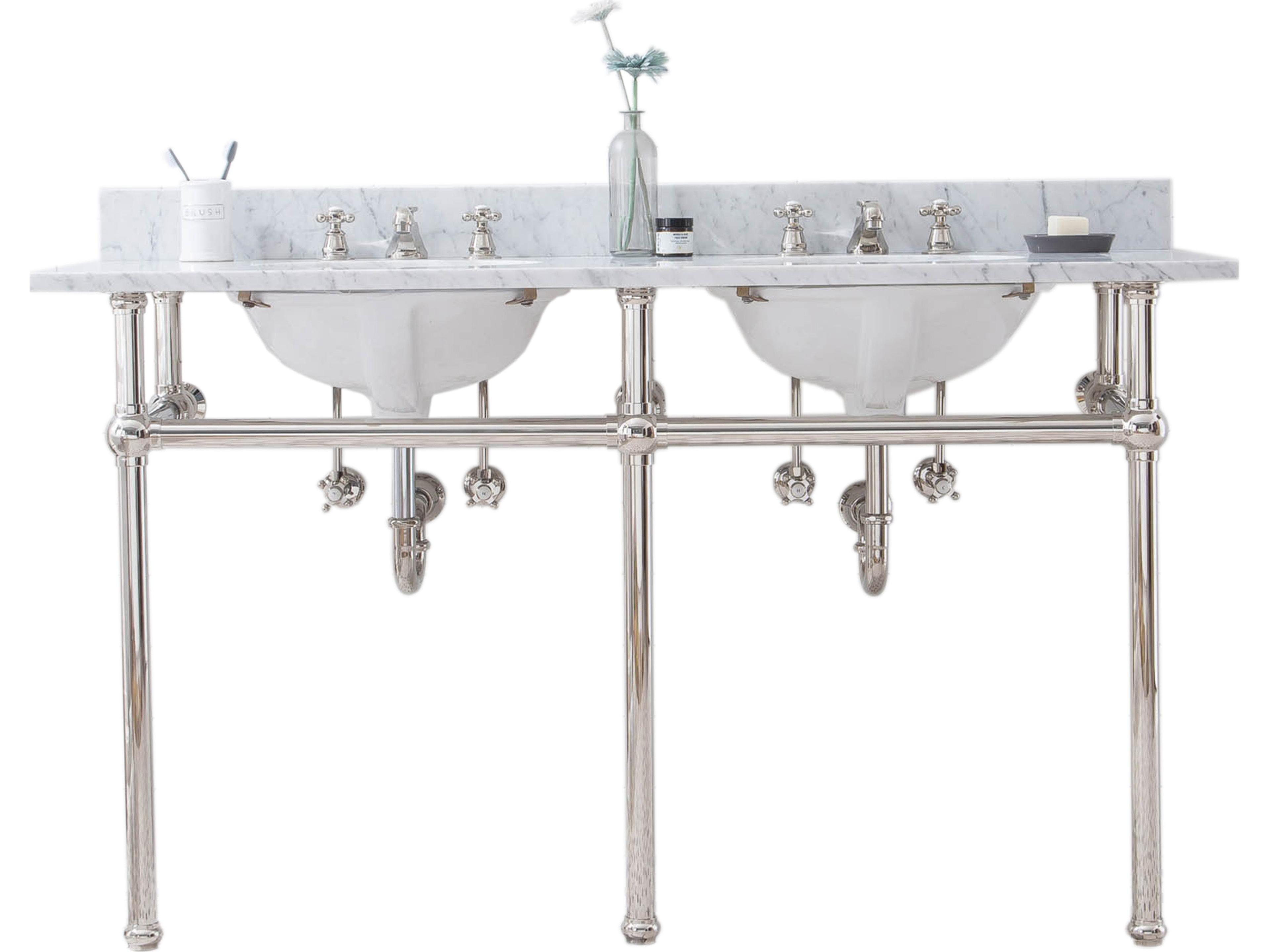 Embassy Double Wash Stand, P-Trap, and Carrara White Marble Countertop with Oval Basins in Polished Nickel Finish