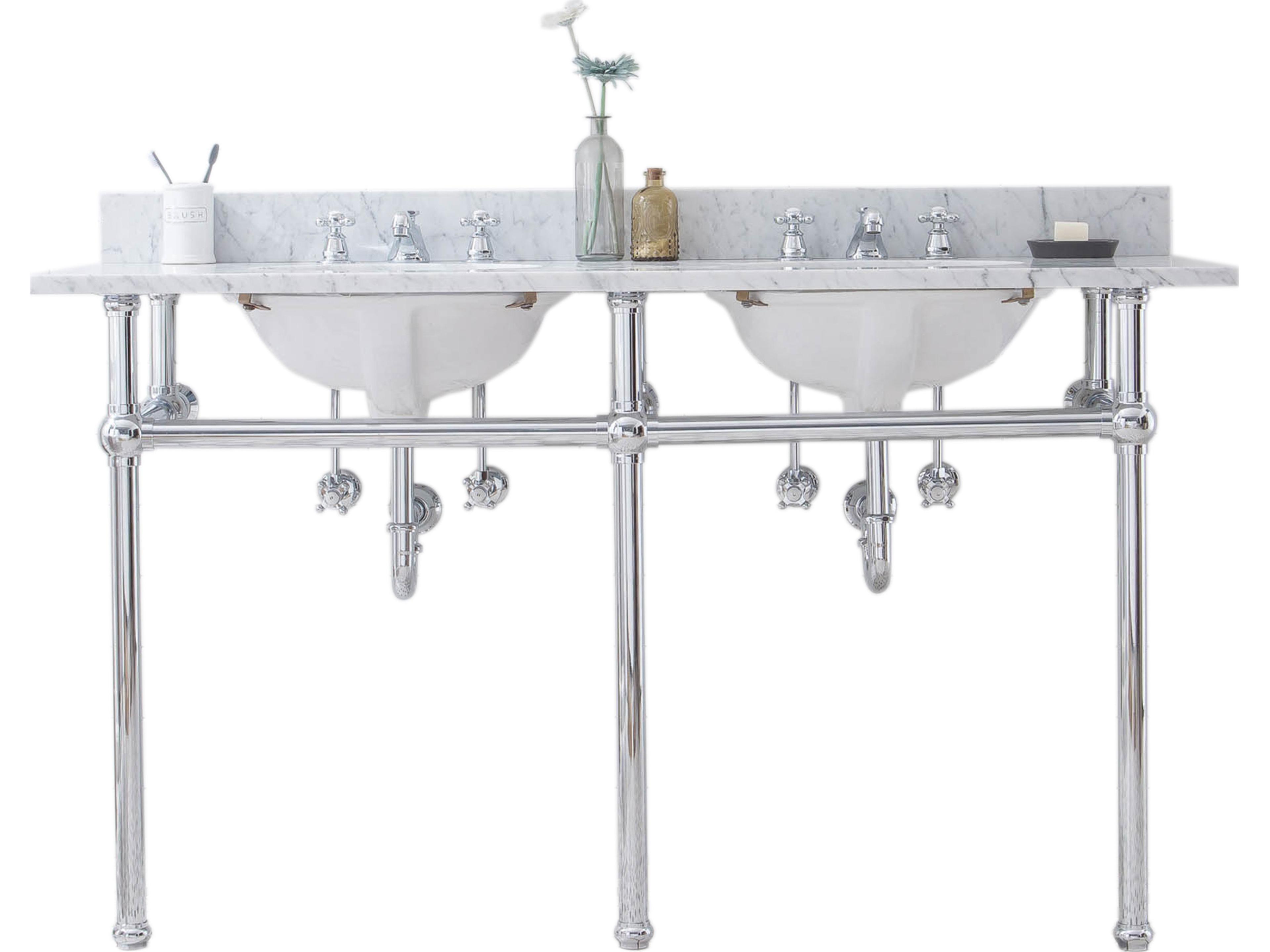Embassy Double Wash Stand, P-Trap, Carrara White Marble Countertop with Oval Basins, and Classic Faucets in Chrome Finish