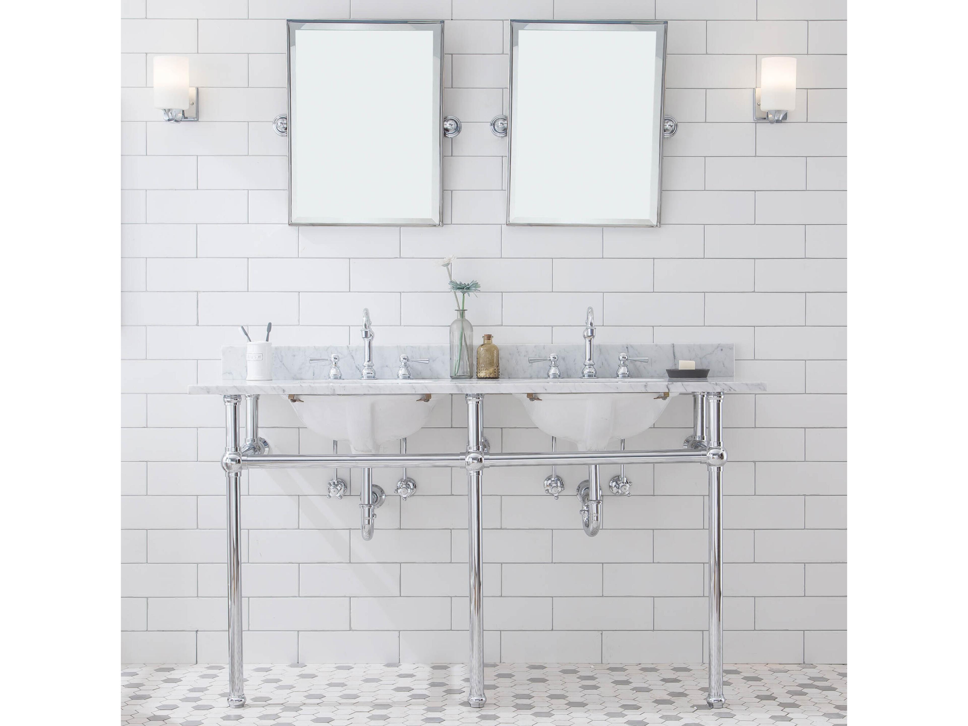 Water Creation Embassy Double Wash Stand, P-Trap, Carrara White Marble Countertop with Oval Basins, and Hook Faucets in Chrome Finish
