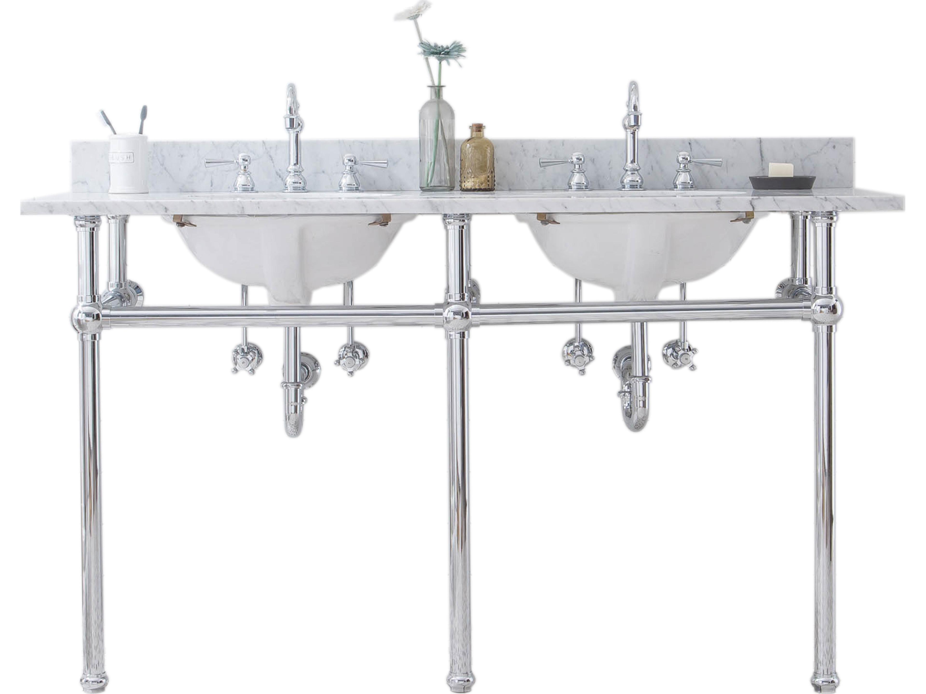 Water Creation Embassy Double Wash Stand, P-Trap, Carrara White Marble Countertop with Oval Basins, and Hook Faucets in Chrome Finish