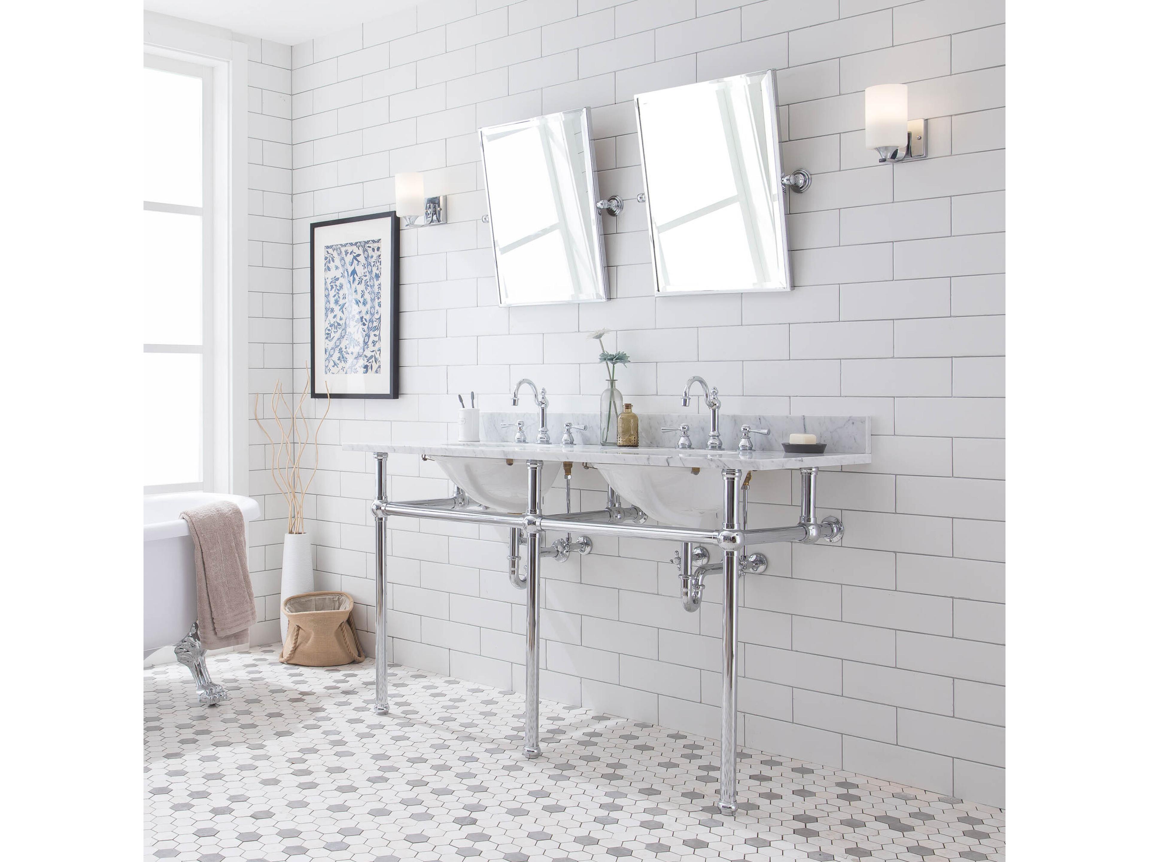 Water Creation Embassy Double Wash Stand, P-Trap, Carrara White Marble Countertop with Oval Basins, and Hook Faucets in Chrome Finish