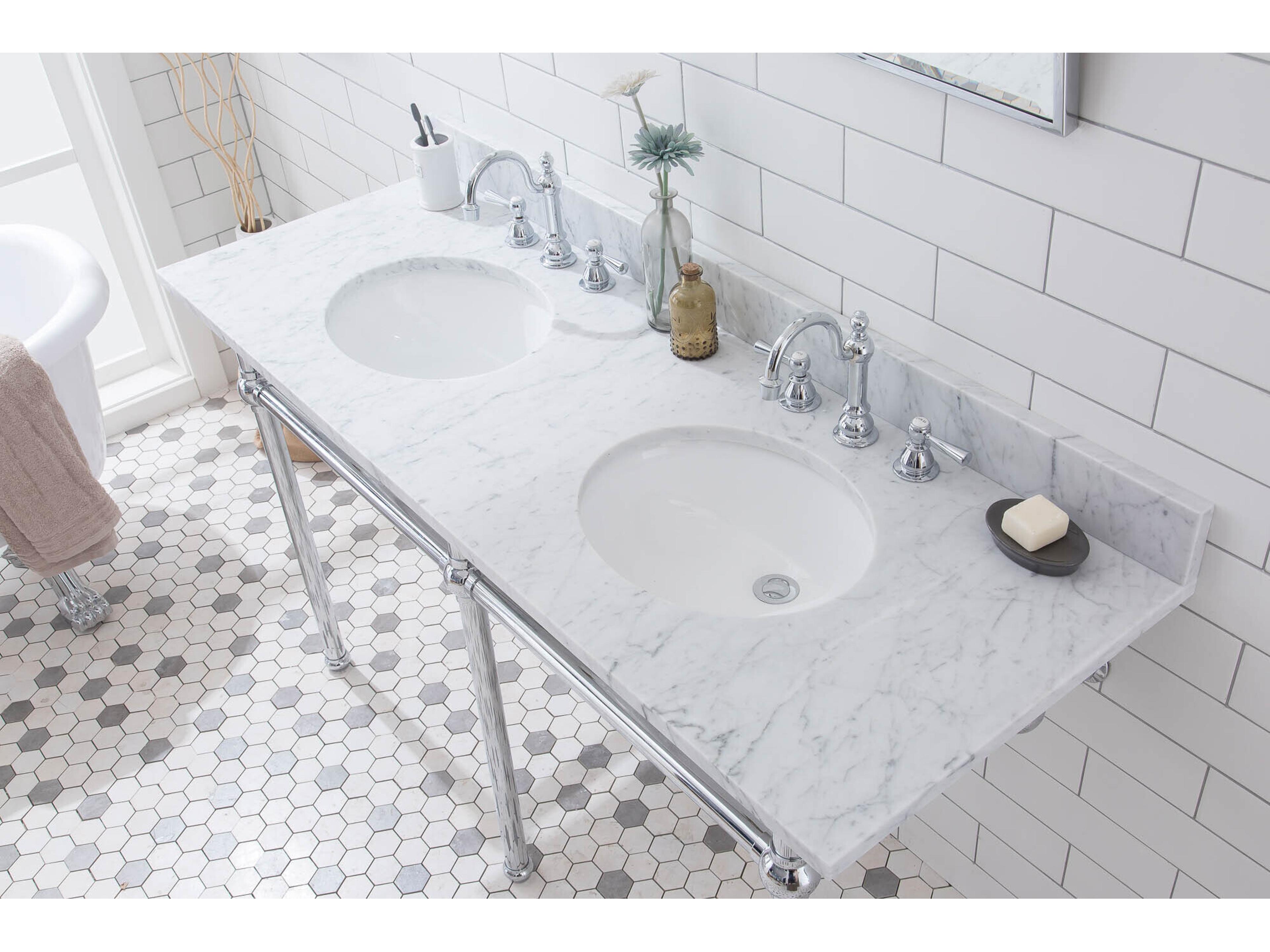 Water Creation Embassy Double Wash Stand, P-Trap, Carrara White Marble Countertop with Oval Basins, and Hook Faucets in Chrome Finish