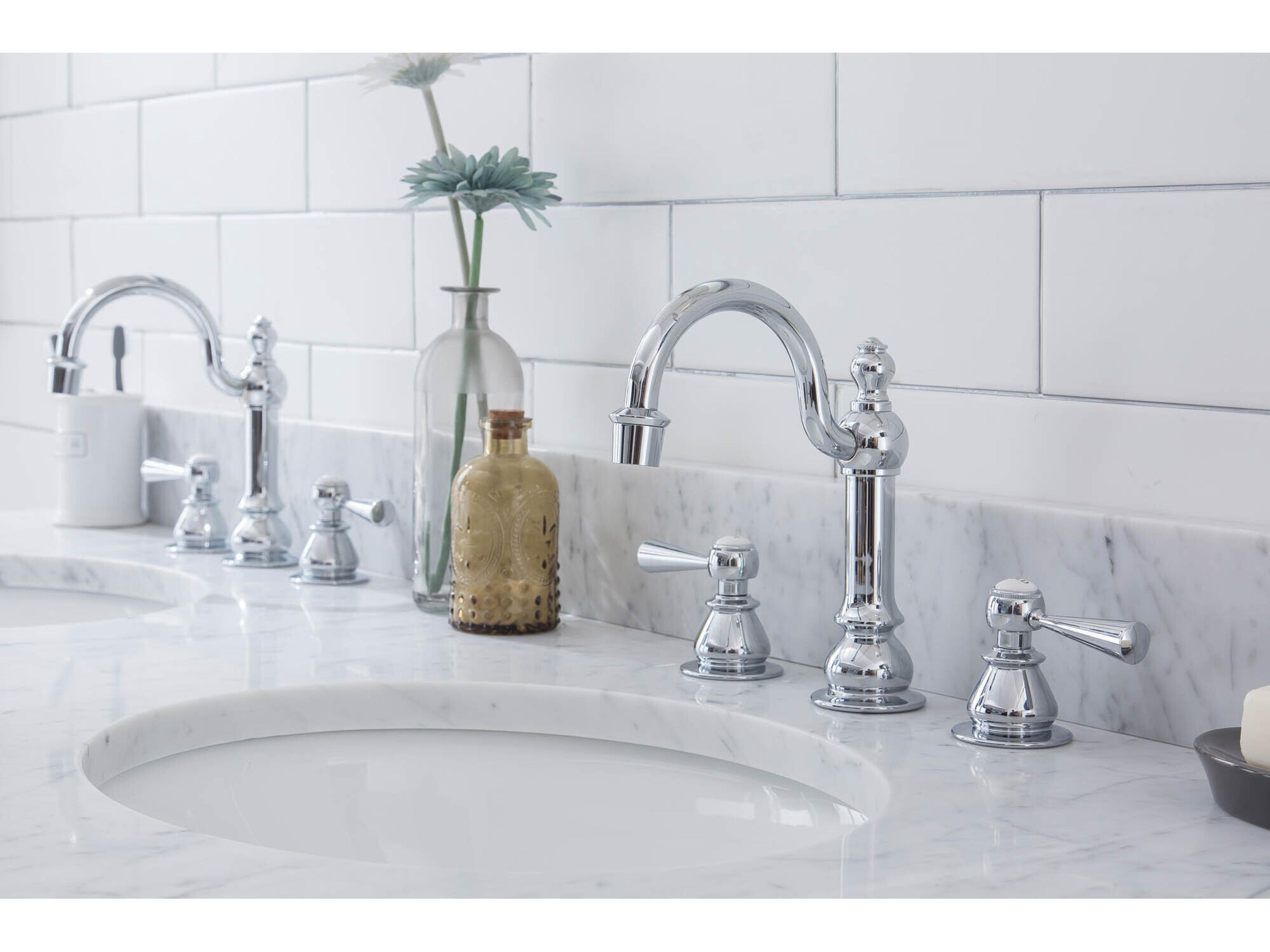 Water Creation Embassy Double Wash Stand, P-Trap, Carrara White Marble Countertop with Oval Basins, and Hook Faucets in Chrome Finish