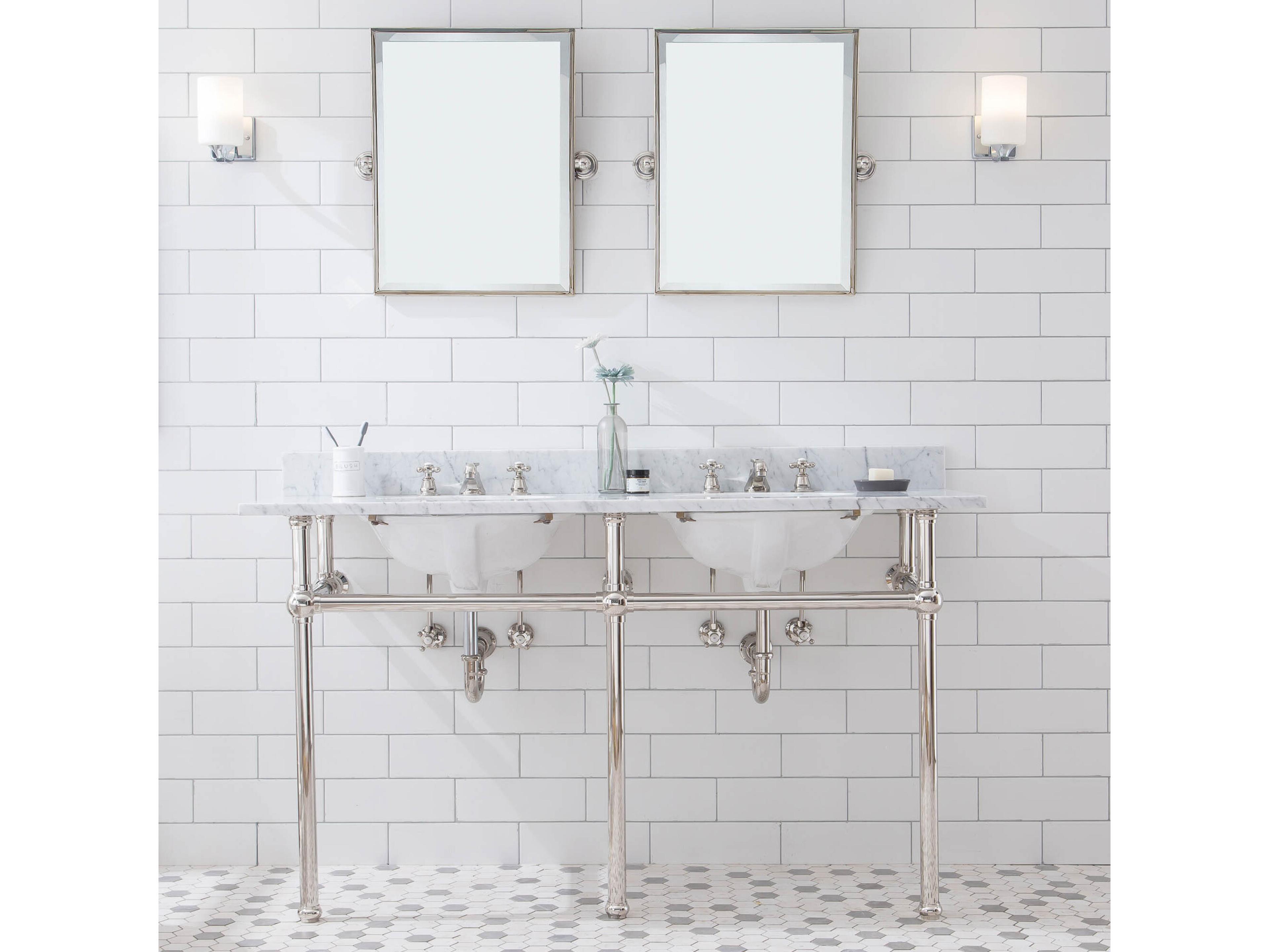 Water Creation Embassy Double Wash Stand, P-Trap, Carrara White Marble Countertop with Oval Basins, and Classic Faucets in Polished Nickel Finish