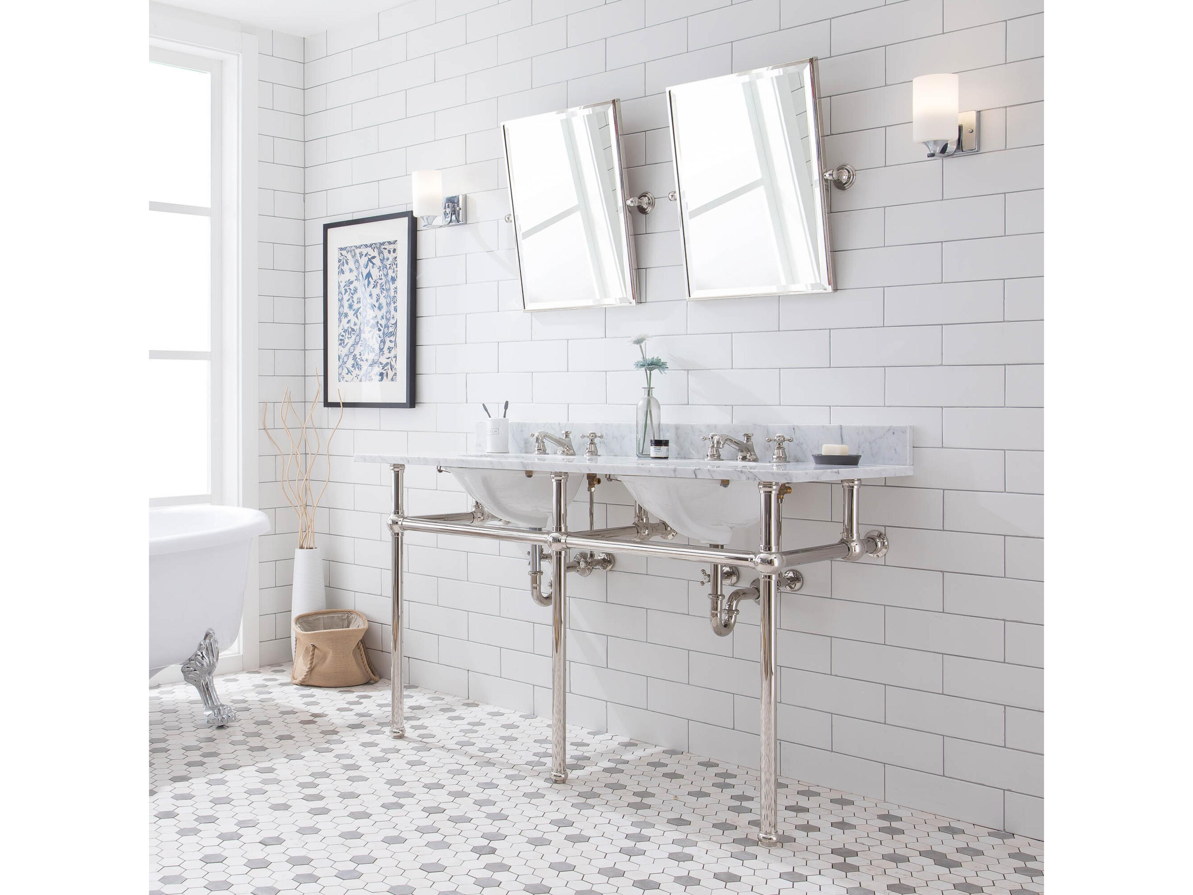 Water Creation Embassy Double Wash Stand, P-Trap, Carrara White Marble Countertop with Oval Basins, and Classic Faucets in Polished Nickel Finish