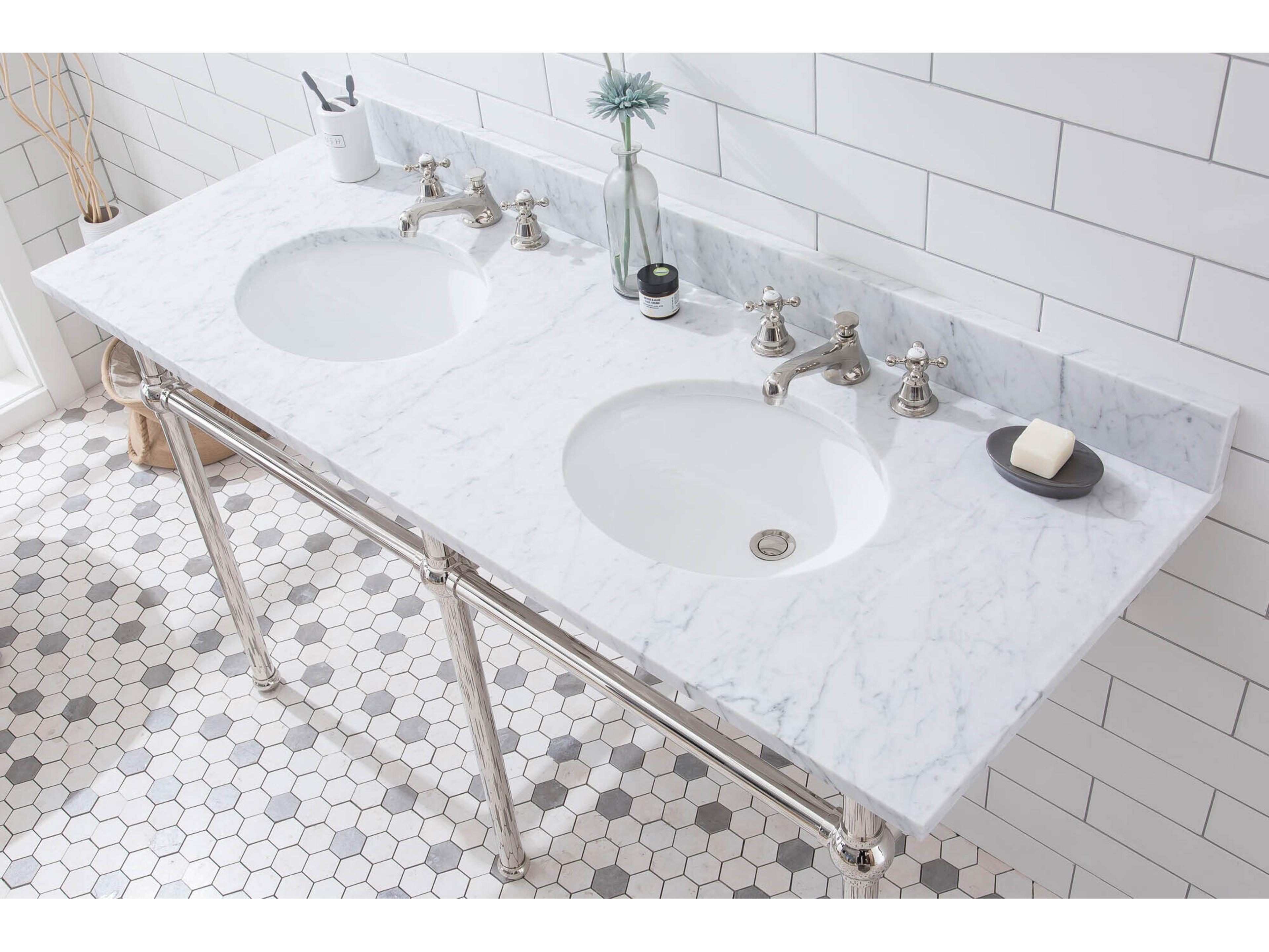 Water Creation Embassy Double Wash Stand, P-Trap, Carrara White Marble Countertop with Oval Basins, and Classic Faucets in Polished Nickel Finish