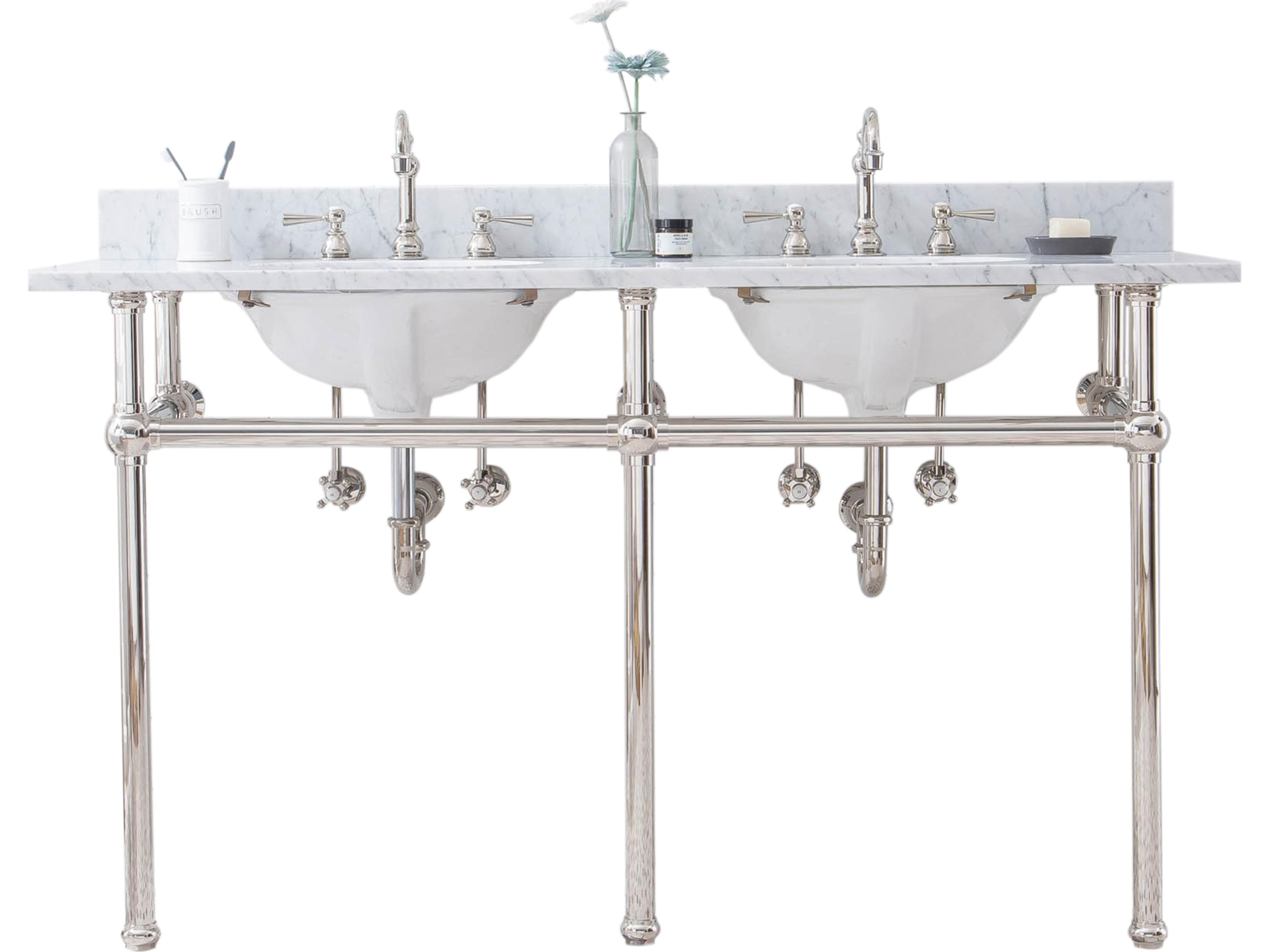 Water Creation Embassy Double Wash Stand, P-Trap, Carrara White Marble Countertop with Oval Basins, and Hook Faucets in Polished Nickel Finish