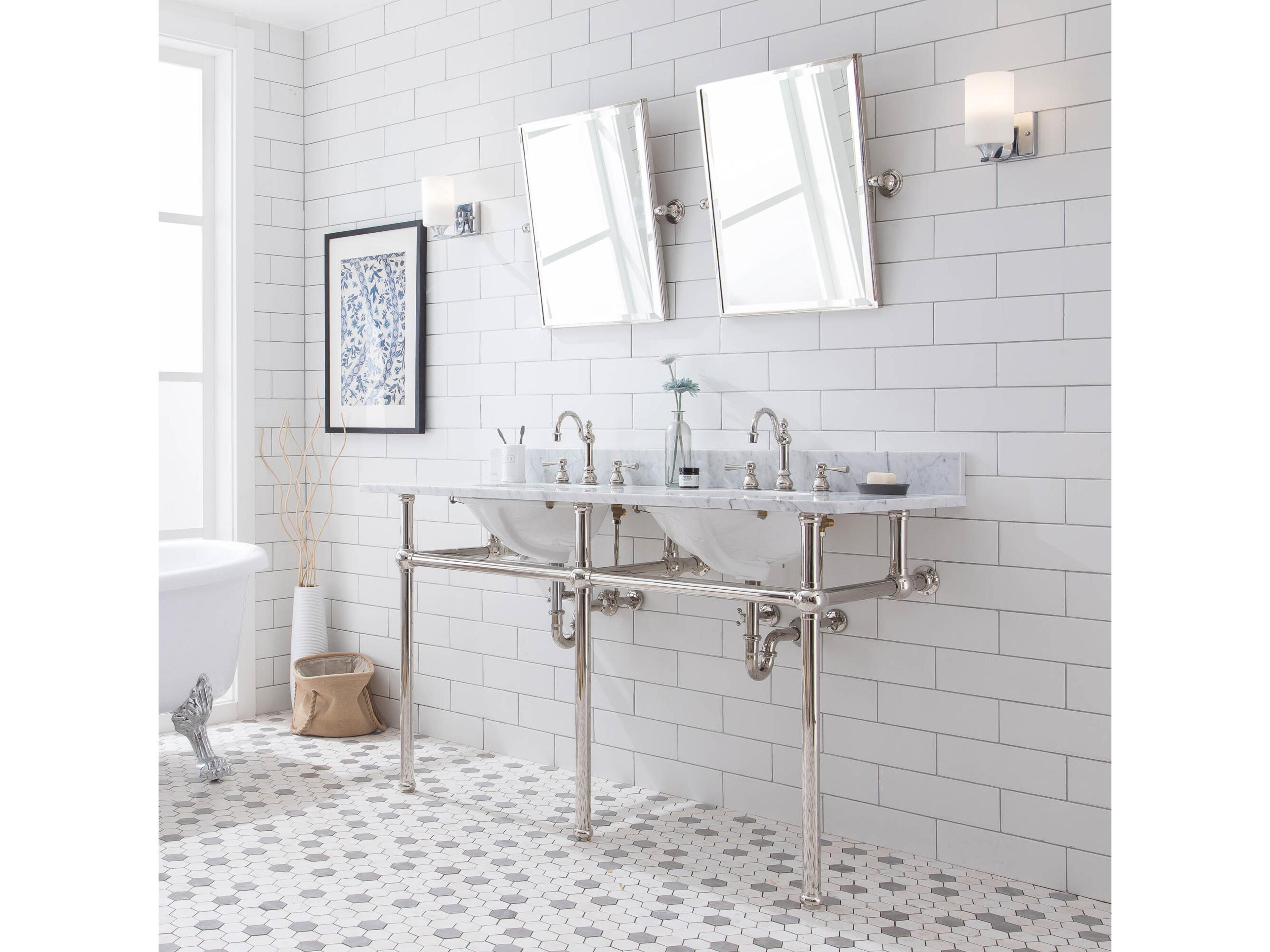 Water Creation Embassy Double Wash Stand, P-Trap, Carrara White Marble Countertop with Oval Basins, and Hook Faucets in Polished Nickel Finish