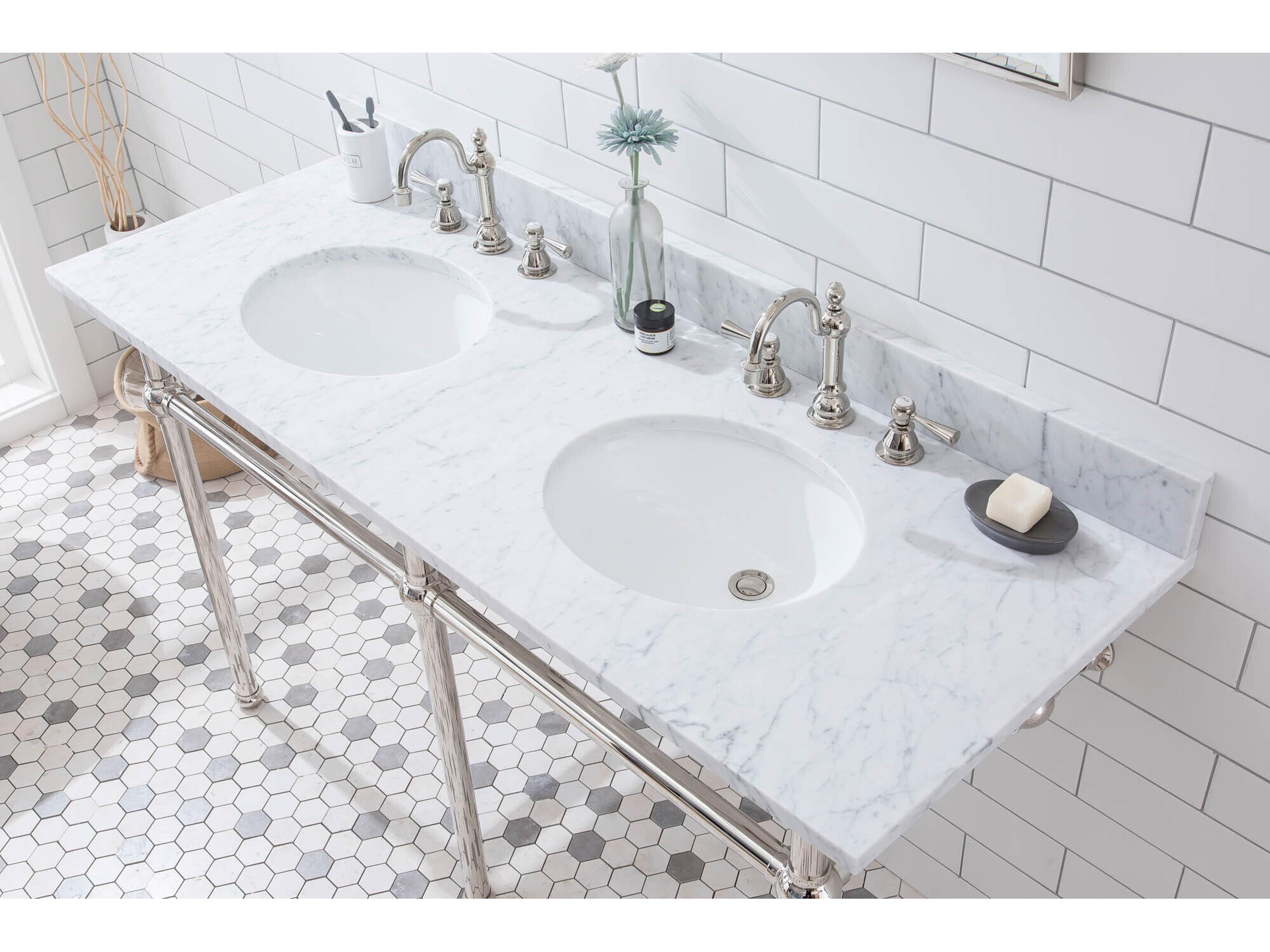 Water Creation Embassy Double Wash Stand, P-Trap, Carrara White Marble Countertop with Oval Basins, and Hook Faucets in Polished Nickel Finish