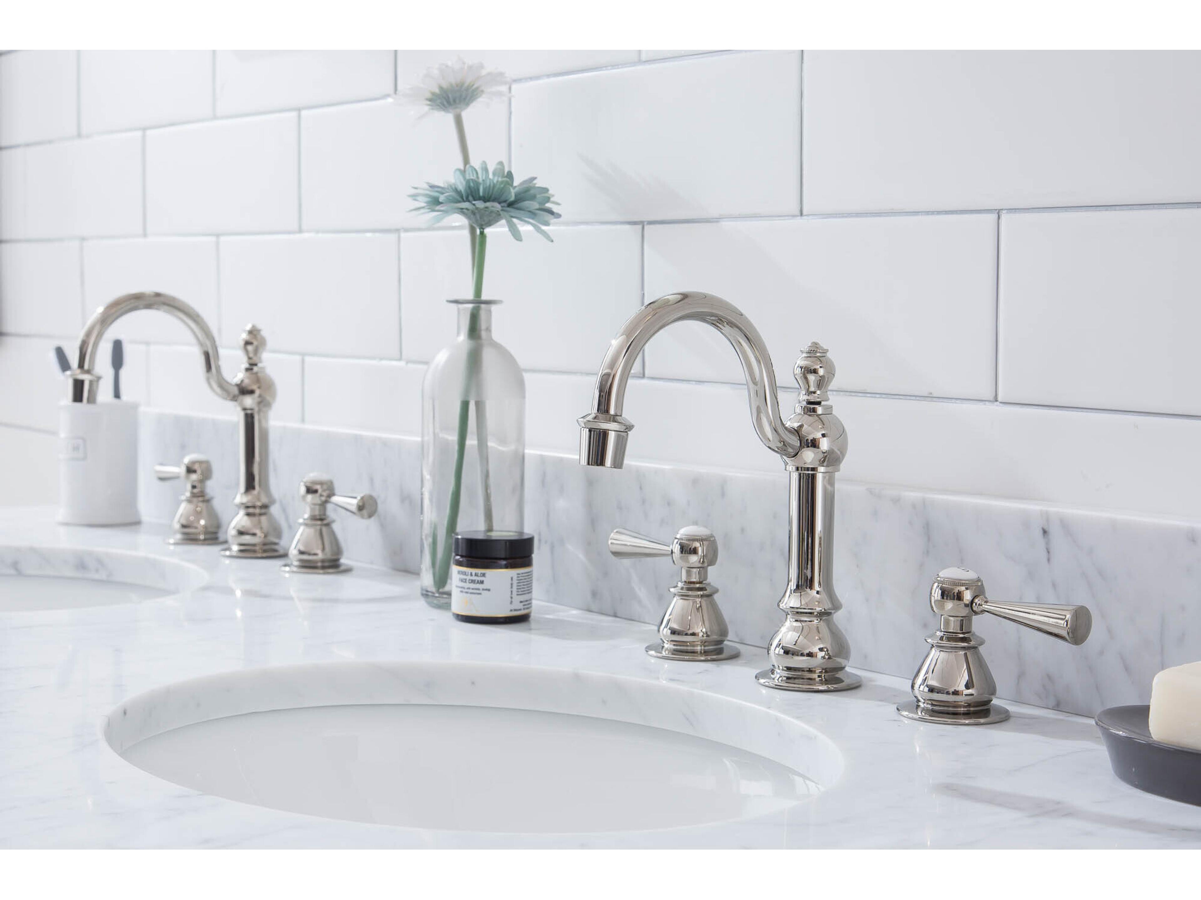 Water Creation Embassy Double Wash Stand, P-Trap, Carrara White Marble Countertop with Oval Basins, and Hook Faucets in Polished Nickel Finish