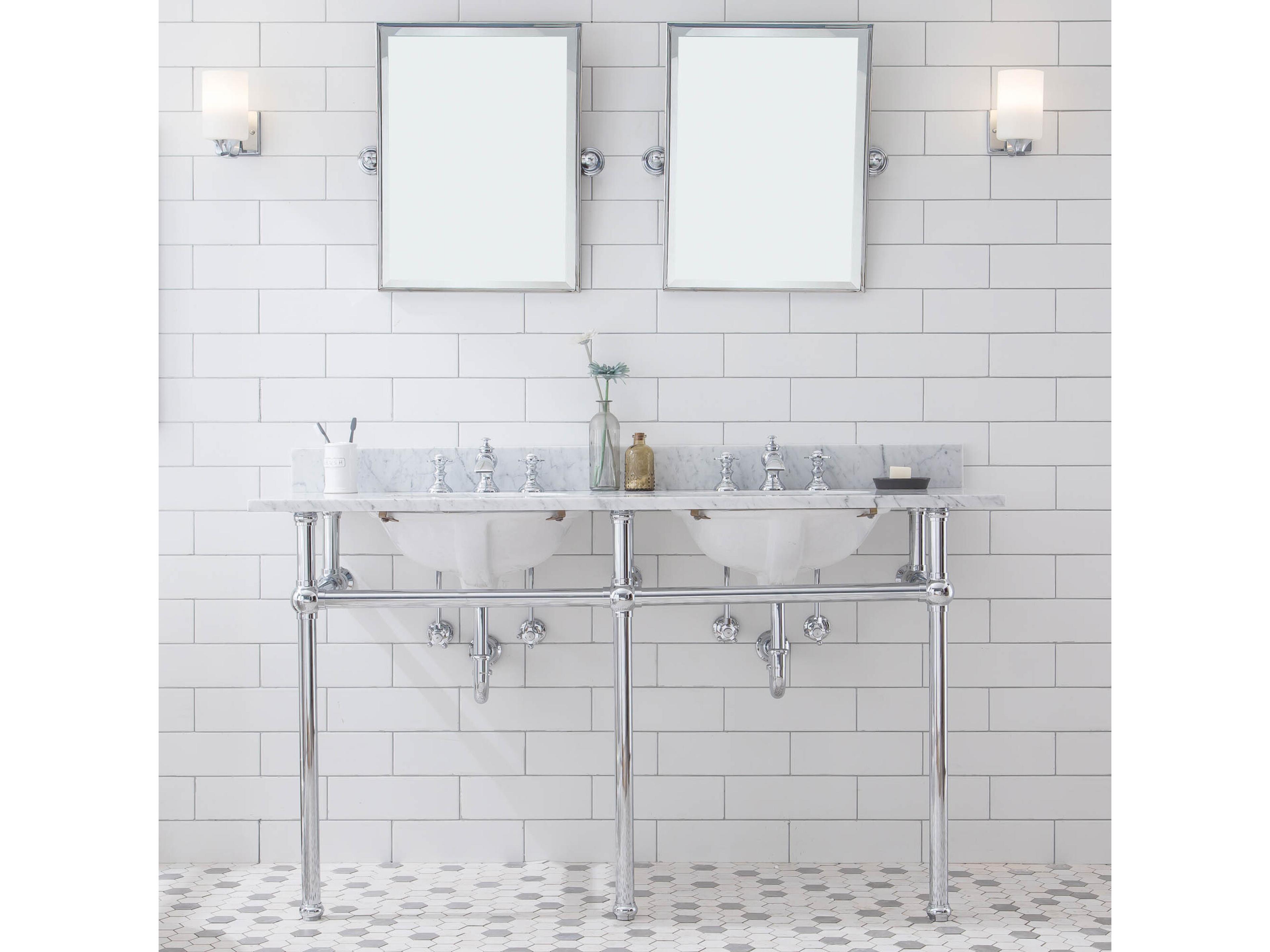 Water Creation Embassy Double Wash Stand, P-Trap, Carrara White Marble Countertop with Oval Basins, Waterfall Faucets and Rectangular Mirrors in Chrome Finish