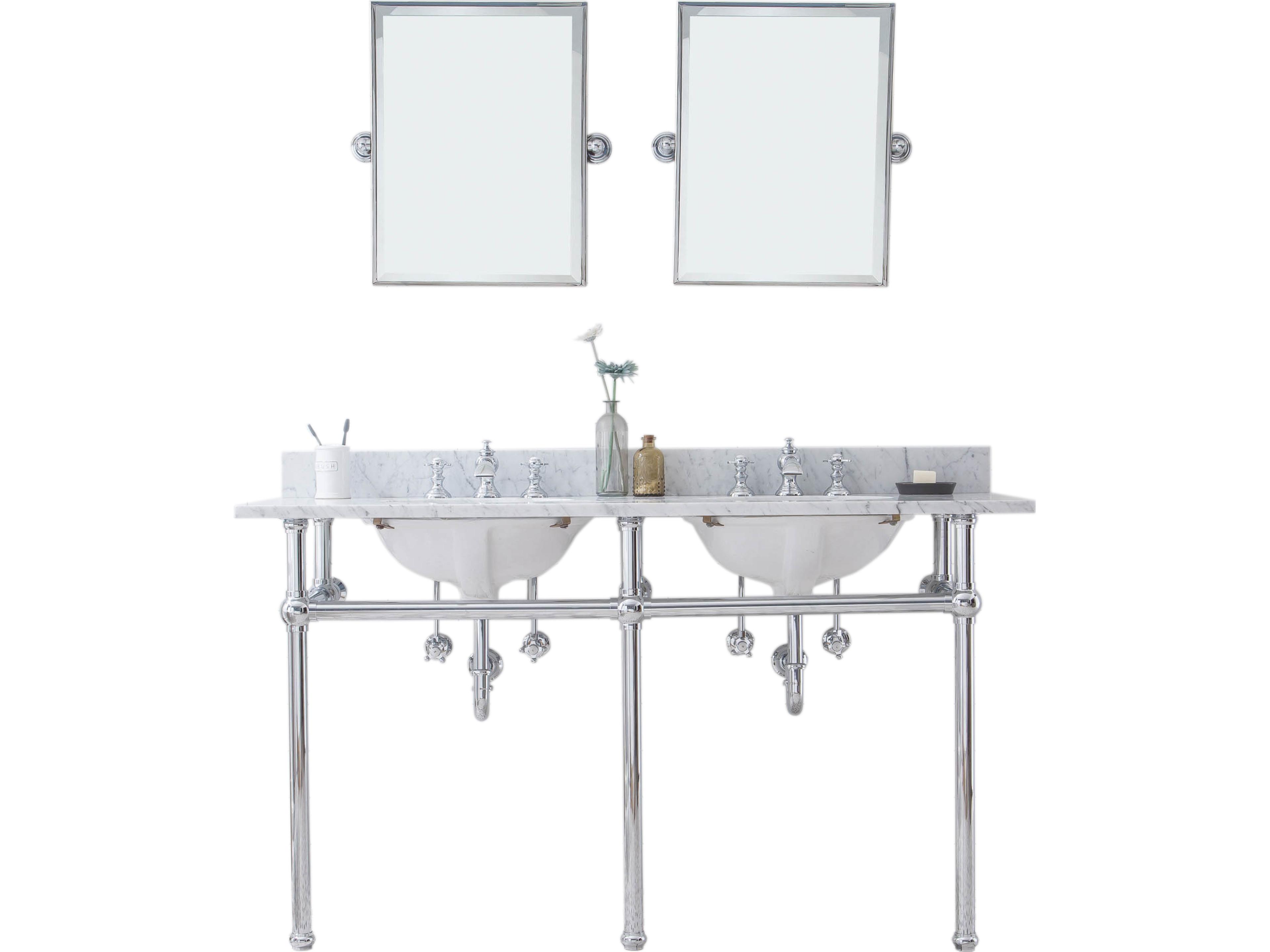 Water Creation Embassy Double Wash Stand, P-Trap, Carrara White Marble Countertop with Oval Basins, Waterfall Faucets and Rectangular Mirrors in Chrome Finish