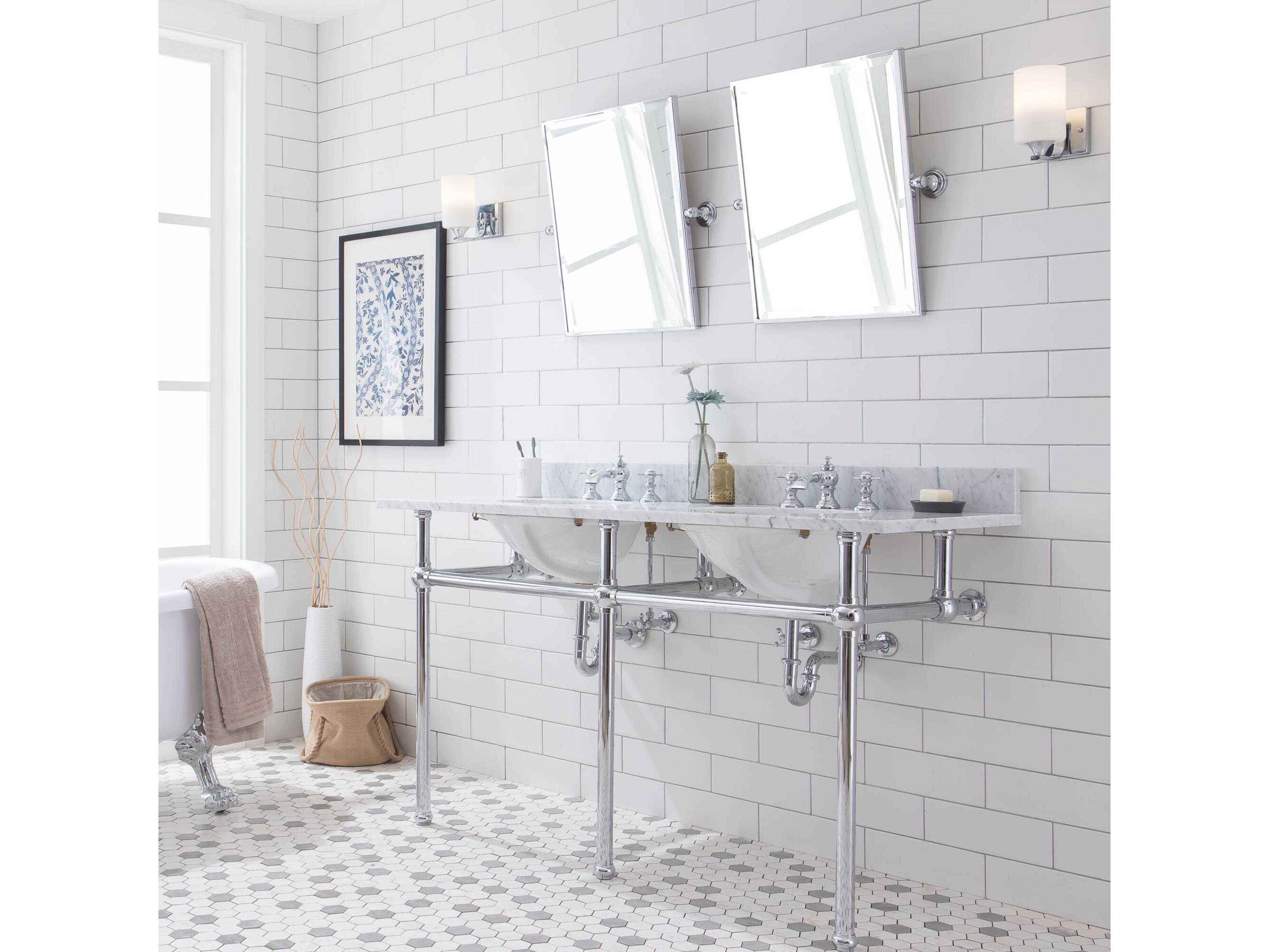 Water Creation Embassy Double Wash Stand, P-Trap, Carrara White Marble Countertop with Oval Basins, Waterfall Faucets and Rectangular Mirrors in Chrome Finish