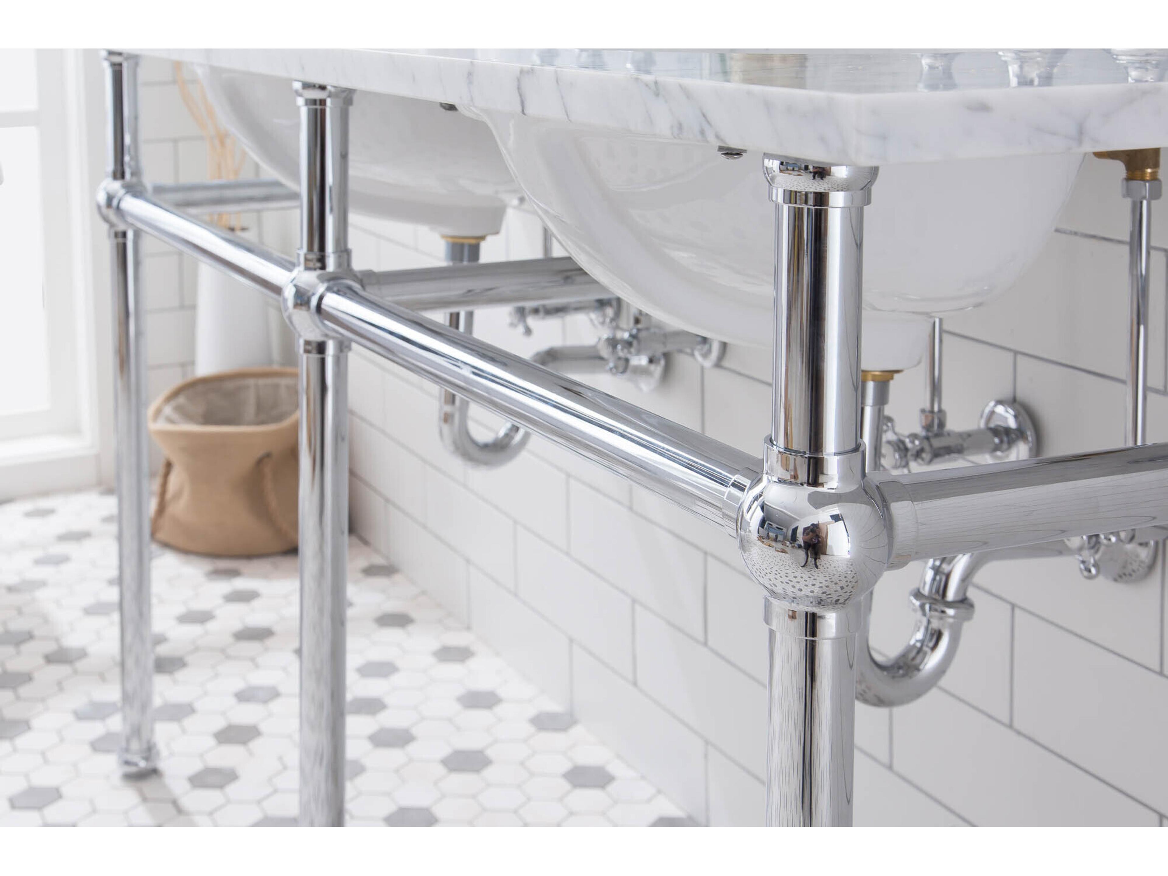 Water Creation Embassy Double Wash Stand, P-Trap, Carrara White Marble Countertop with Oval Basins, Waterfall Faucets and Rectangular Mirrors in Chrome Finish
