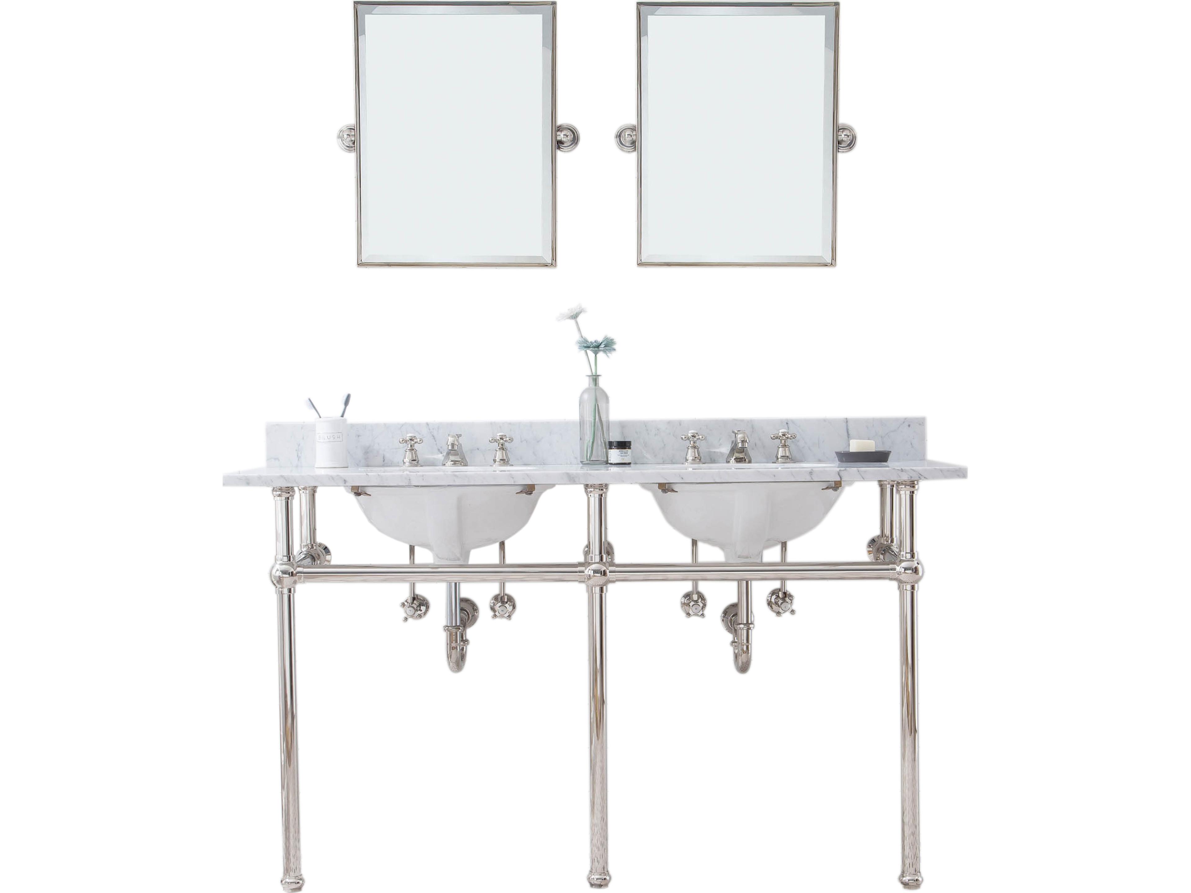 Embassy Double Wash Stand, P-Trap, Carrara White Marble Countertop with Oval Basins, Classic Faucets and Rectangular Mirrors in Polished Nickel  Finish