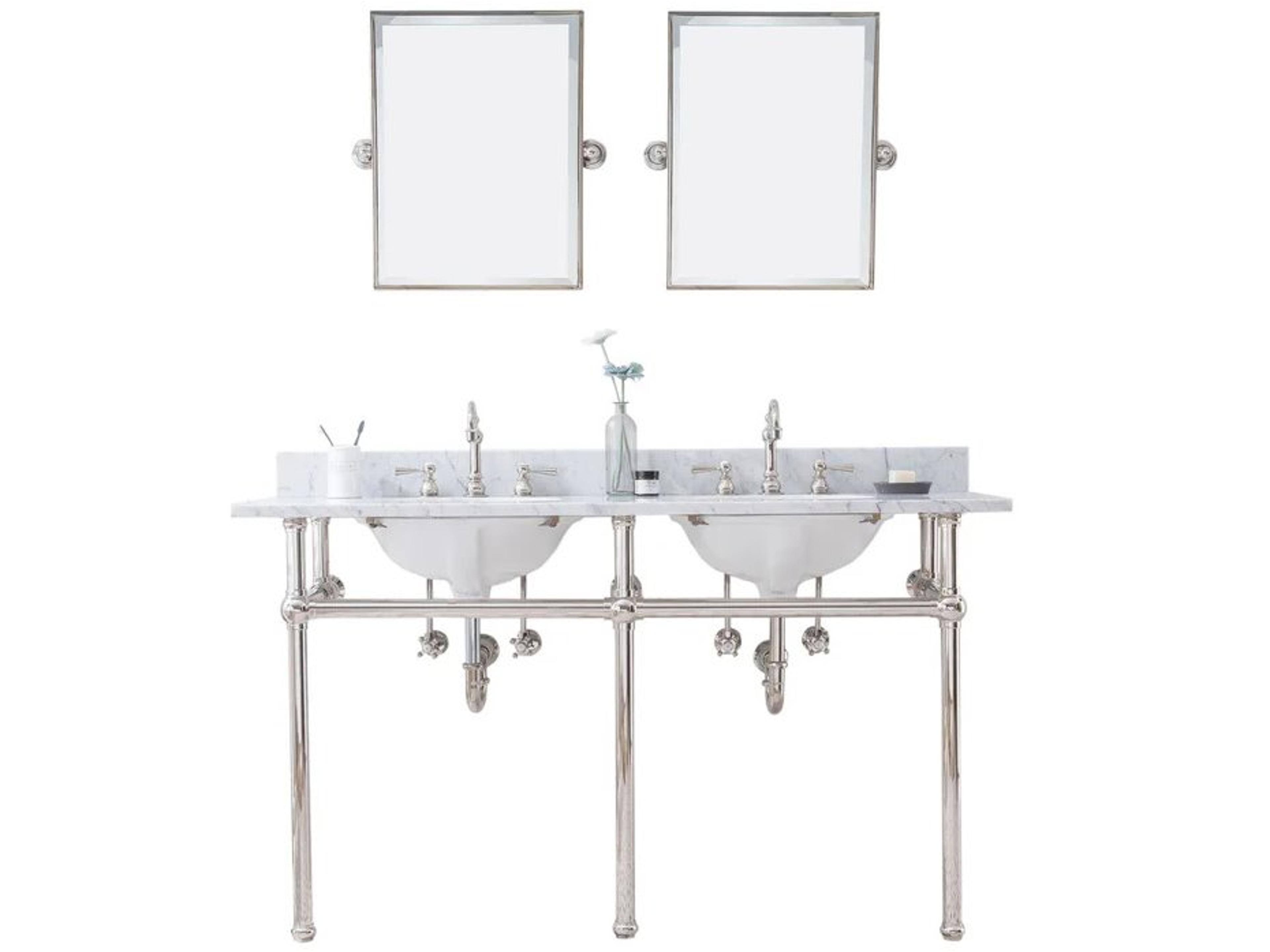 Embassy Double Wash Stand, P-Trap, Carrara White Marble Countertop with Oval Basins, Hook Faucets and Rectangular Pivot Mirrors in Polished Nickel (PVD) Finish