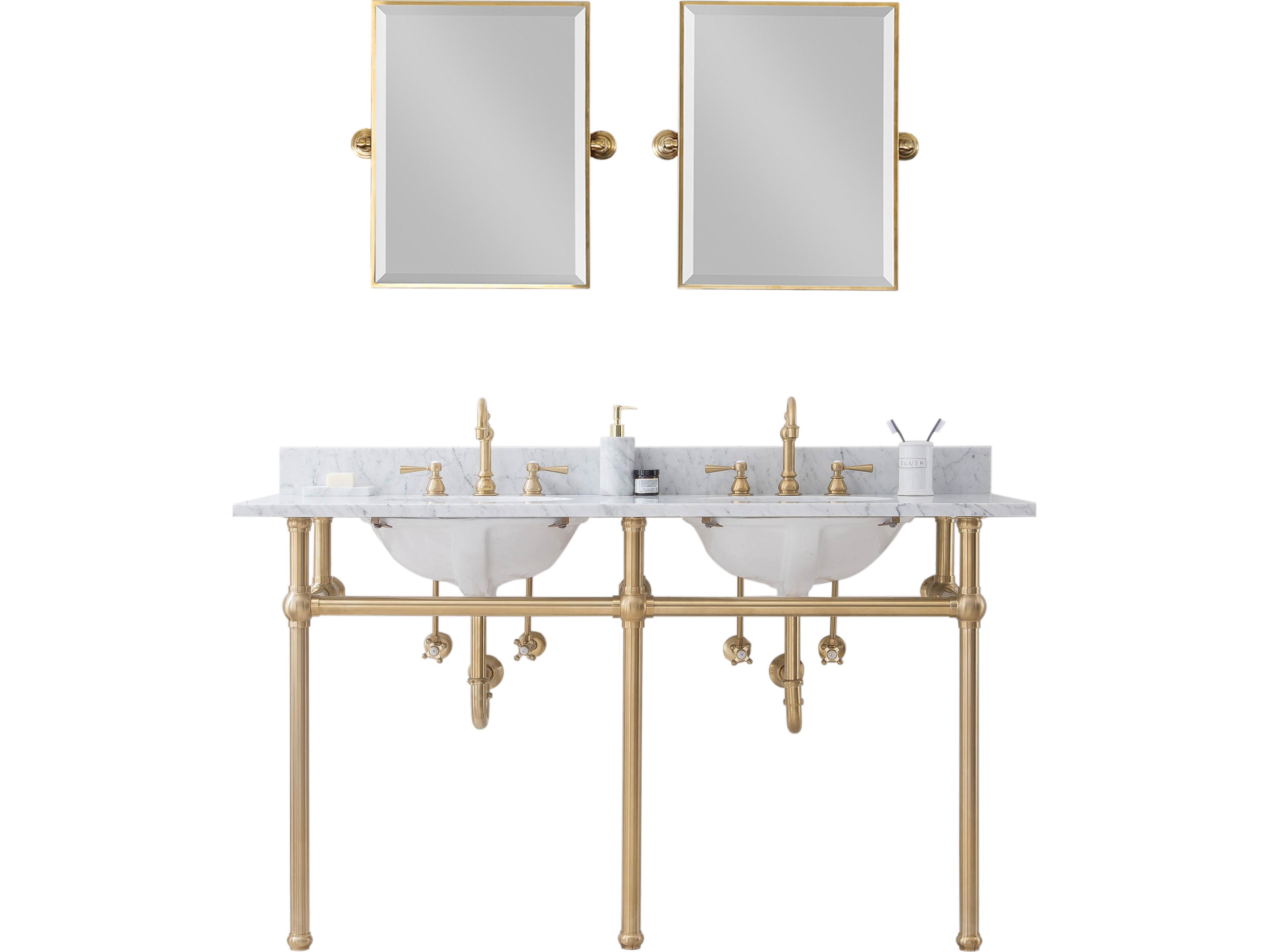 Embassy Double Wash Stand, P-Trap, Carrara White Marble Countertop with Oval Basins, Hook Faucets and Rectangular Mirrors in Satin Gold Finish