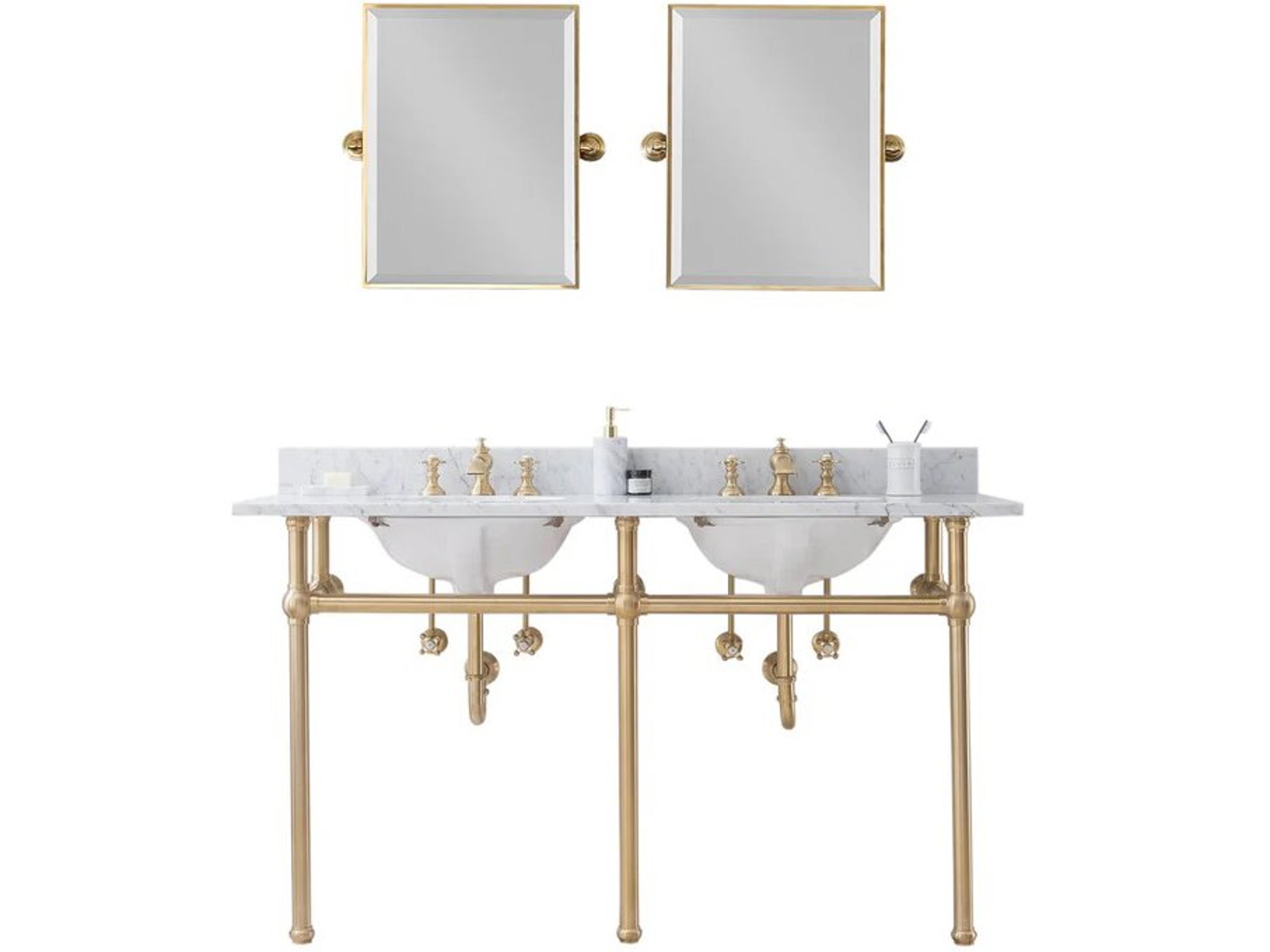 Embassy Double Wash Stand, P-Trap, Carrara White Marble Countertop with Oval Basins, Waterfall Faucets and Rectangular Pivot Mirrors in Satin Gold Finish