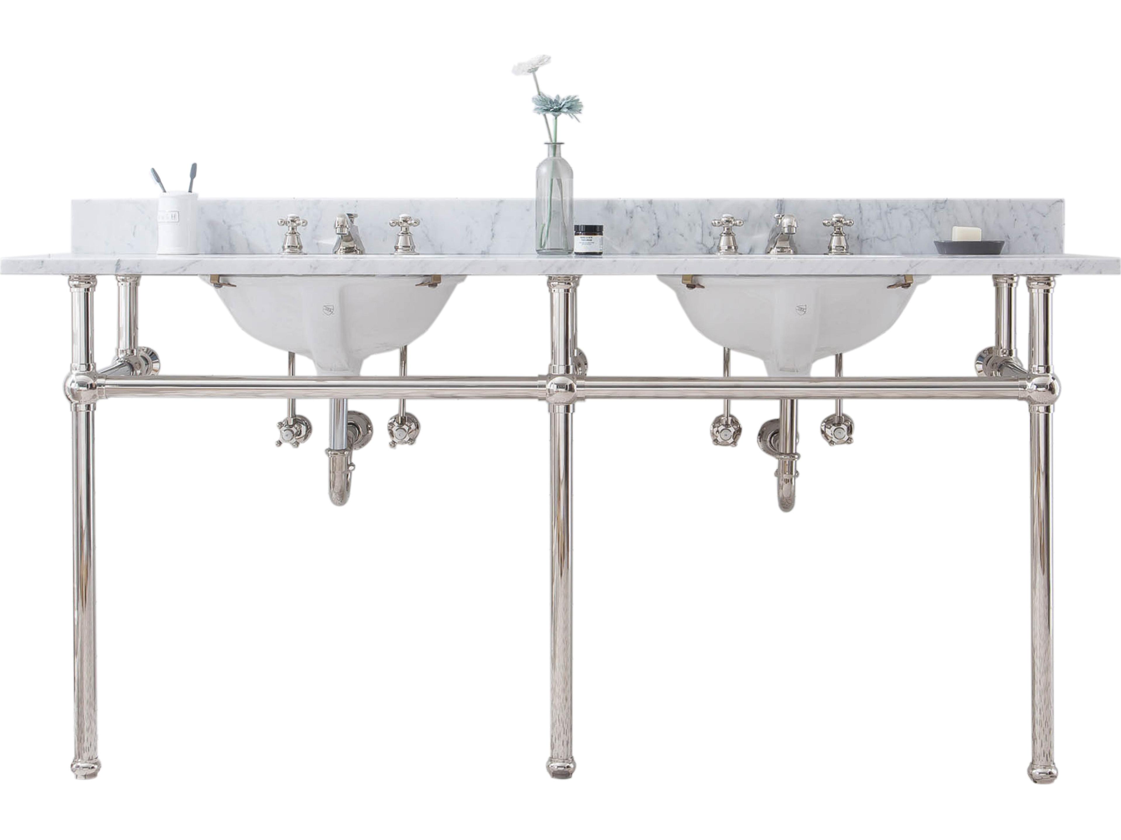 Embassy Double Wash Stand, P-Trap, and Carrara White Marble Countertop with Oval Basins in Polished Nickel Finish