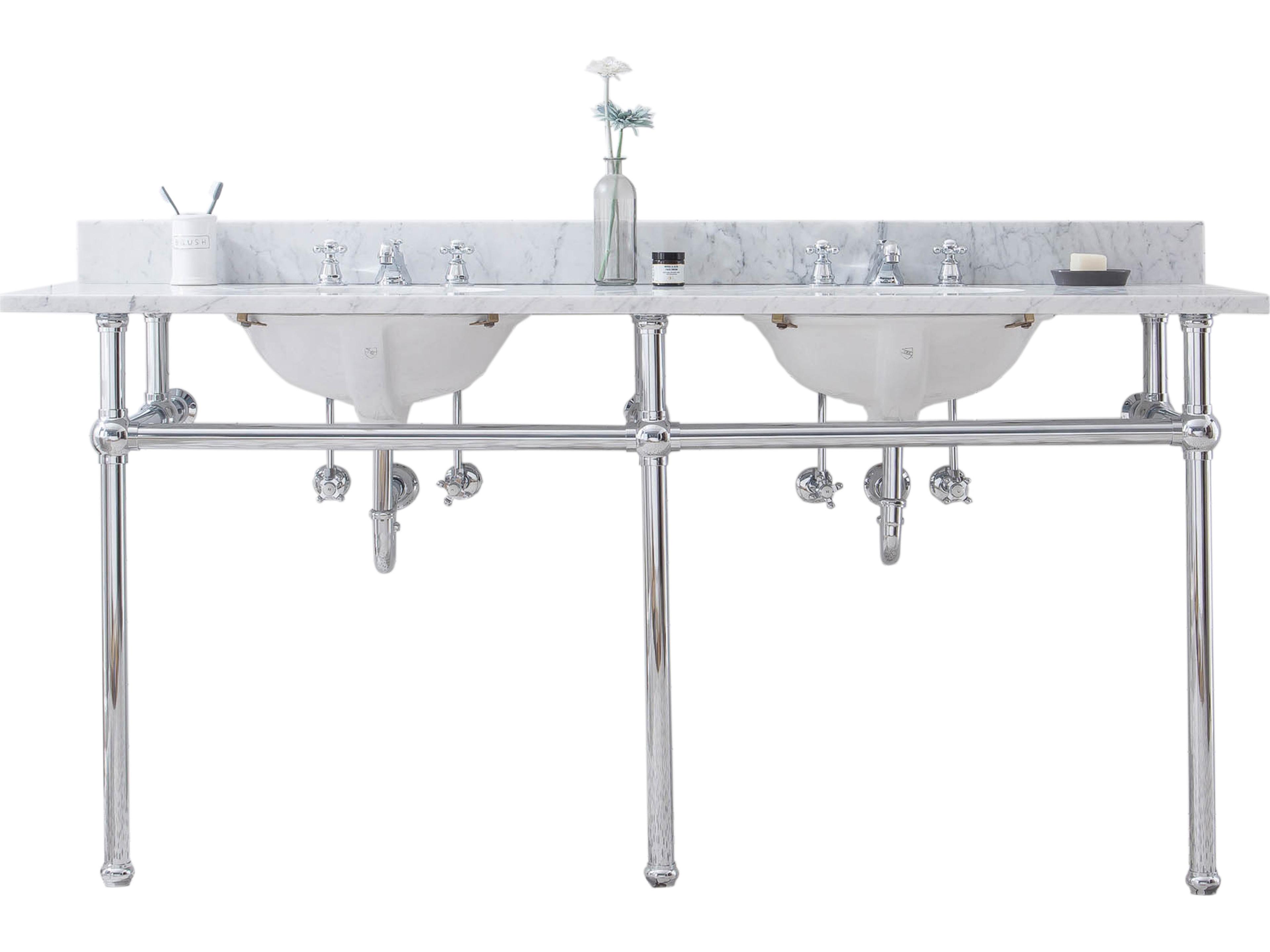 Embassy Double Wash Stand, P-Trap, Carrara White Marble Countertop with Oval Basins, and Classic Faucets in Chrome Finish