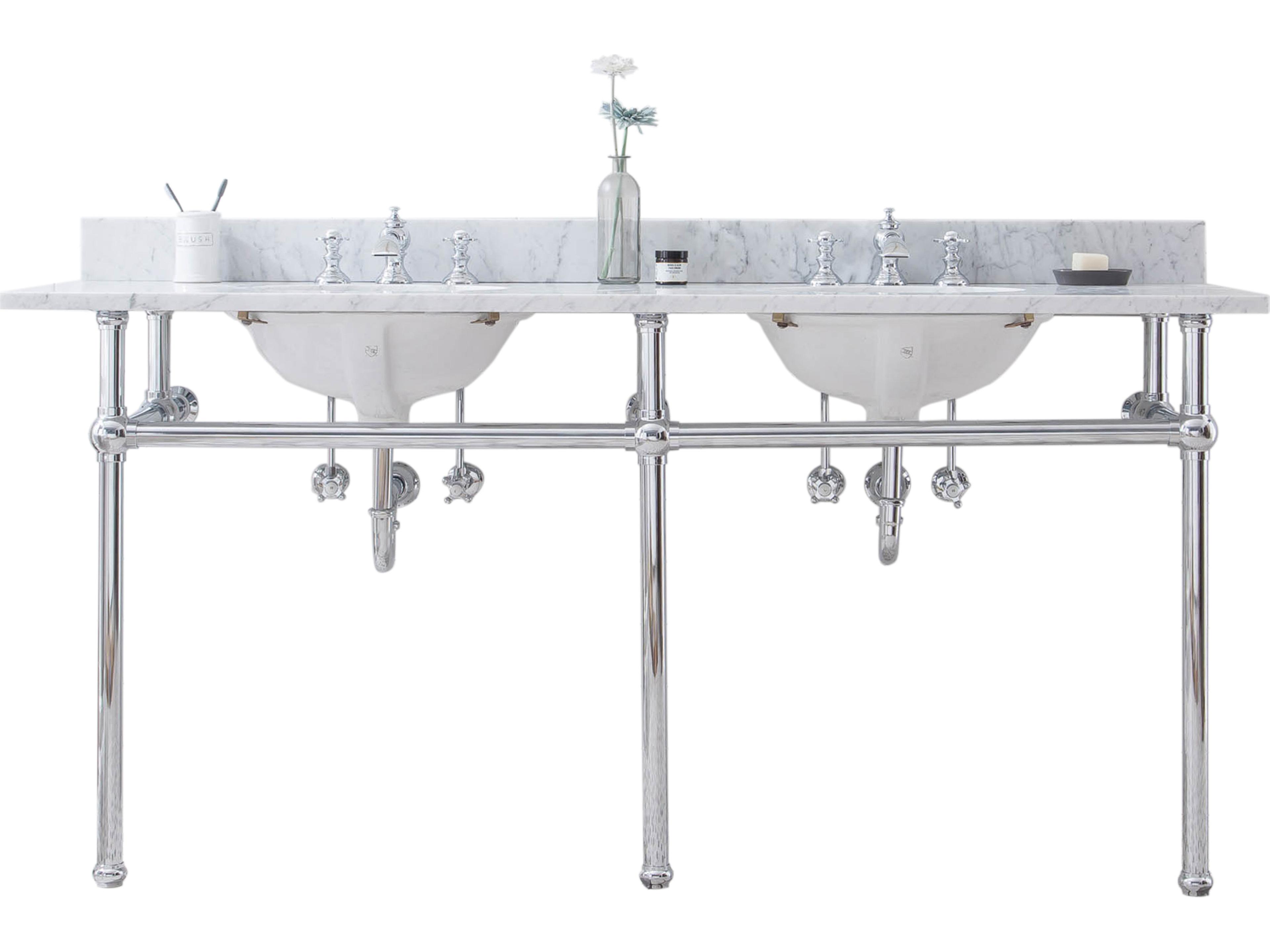 Embassy Double Wash Stand, P-Trap, Carrara White Marble Countertop with Oval Basins, and Waterfall Faucets in Chrome Finish