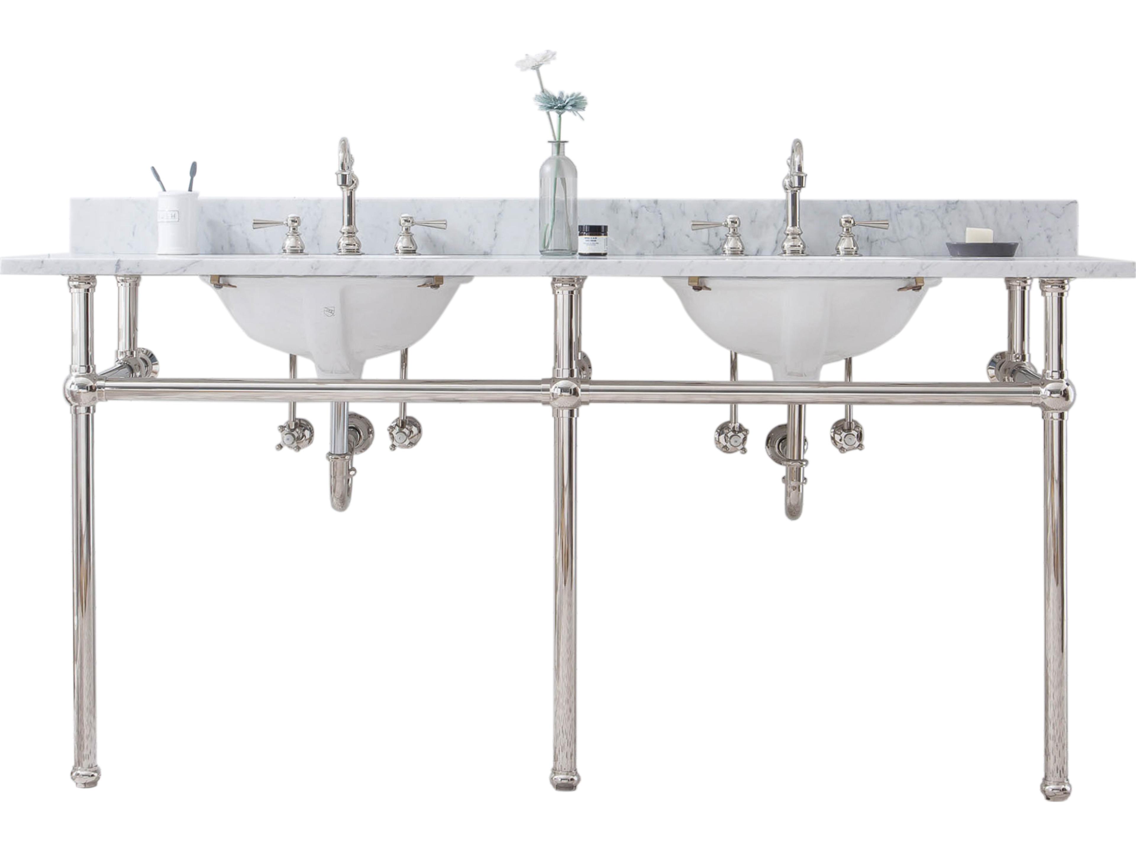 Embassy Double Wash Stand, P-Trap, Carrara White Marble Countertop with Oval Basins, and Hook Faucets in Polished Nickel (PVD) Finish