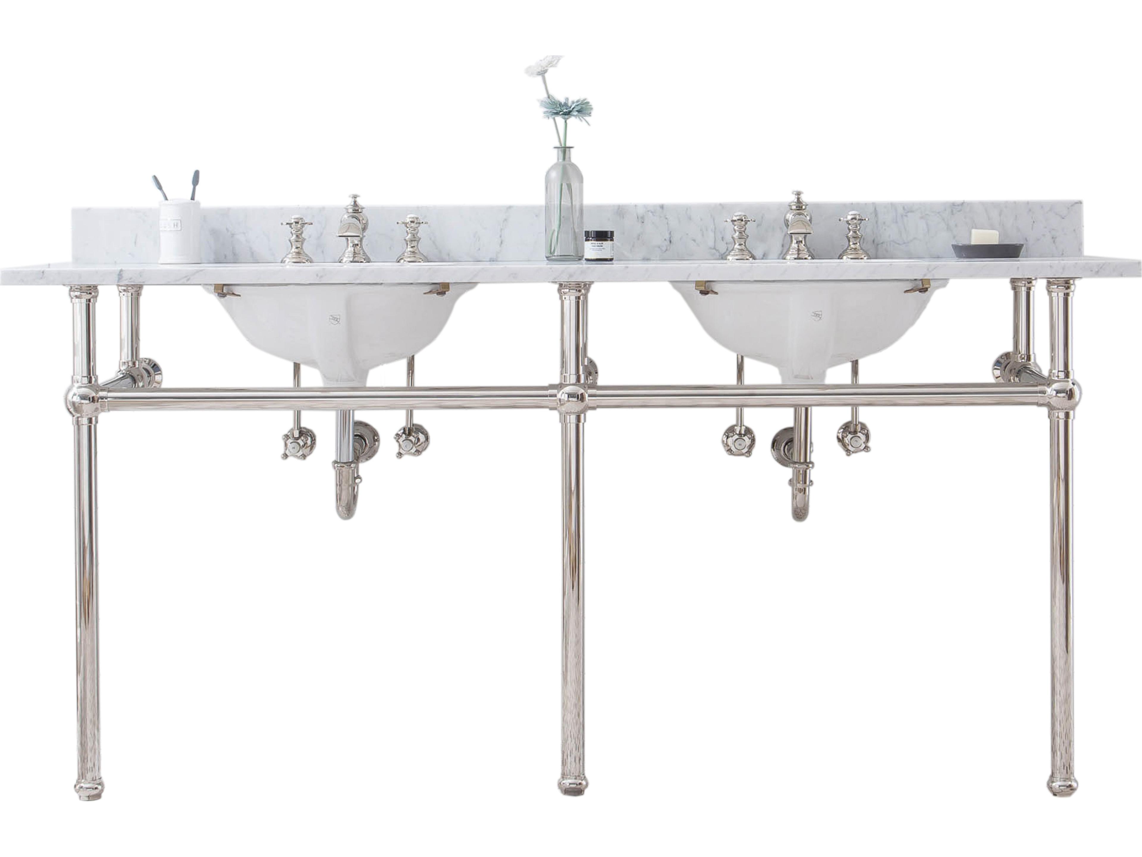 Embassy Double Wash Stand, P-Trap, Carrara White Marble Countertop with Oval Basins, and Waterfall Faucets in Polished Nickel (PVD) Finish
