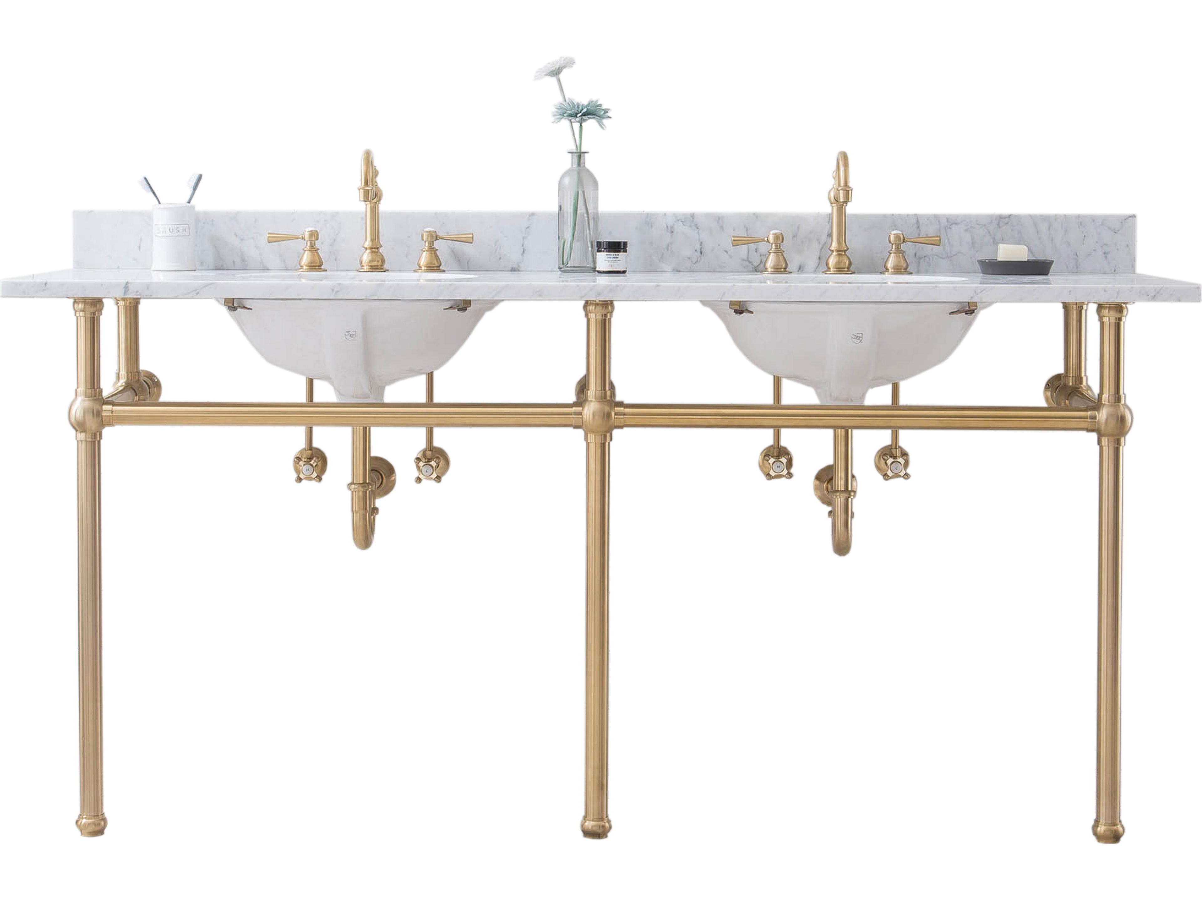 Embassy Double Wash Stand, P-Trap, Carrara White Marble Countertop with Oval Basins, and Hook Faucets in Satin Gold Finish