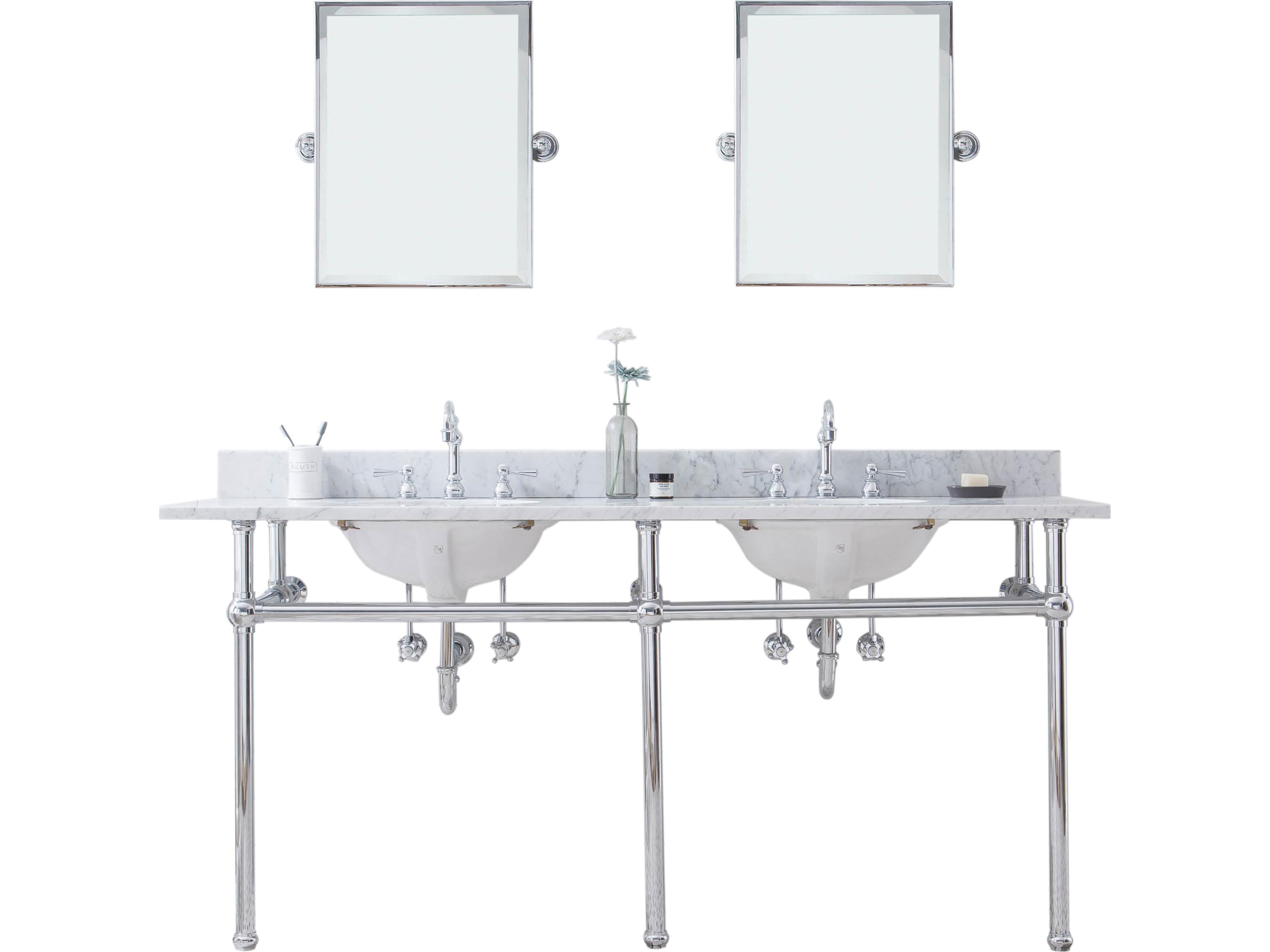 Embassy Double Wash Stand, P-Trap, Carrara White Marble Countertop with Oval Basins, Hook Faucets and Rectangular Pivot Mirrors in Chrome Finish