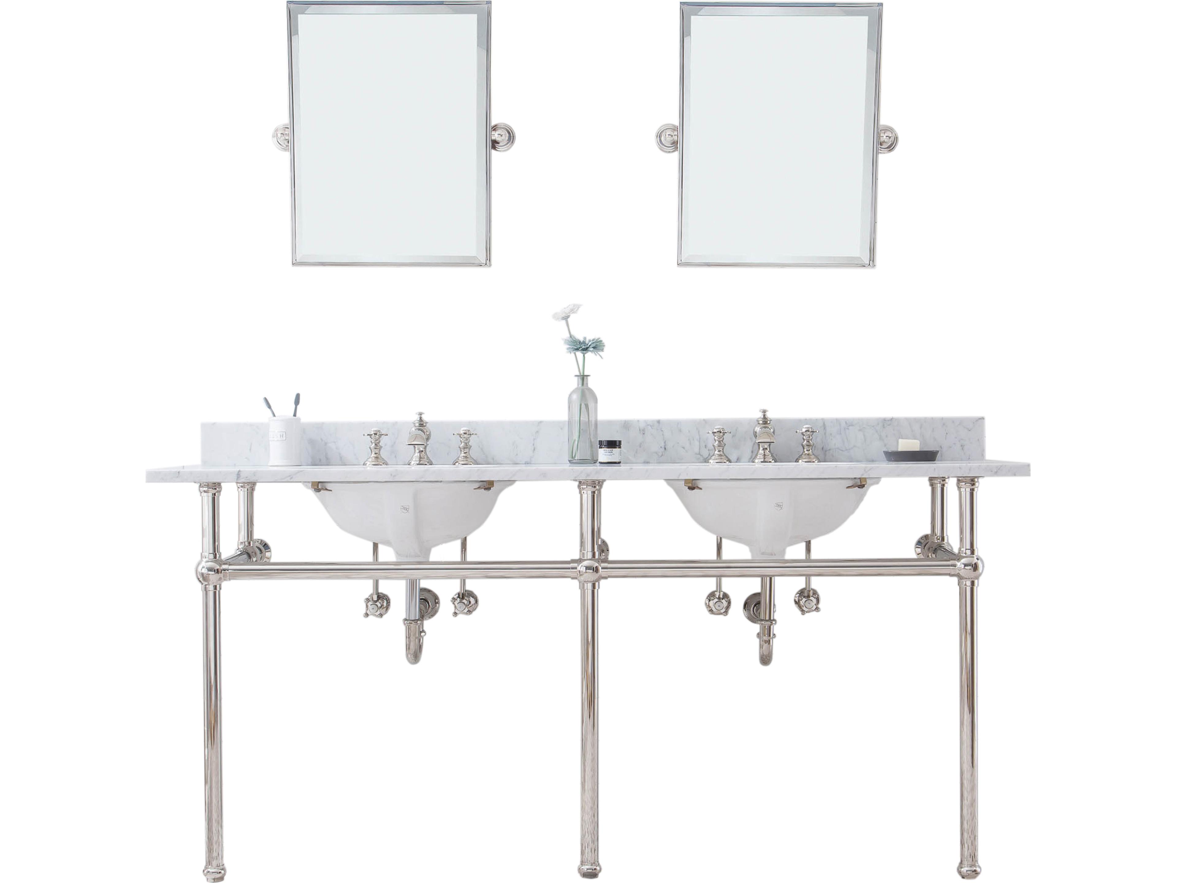 Embassy Double Wash Stand, P-Trap, Carrara White Marble Countertop with Oval Basins, Waterfall Faucets and Rectangular Pivot Mirrors in Polished Nickel (PVD) Finish
