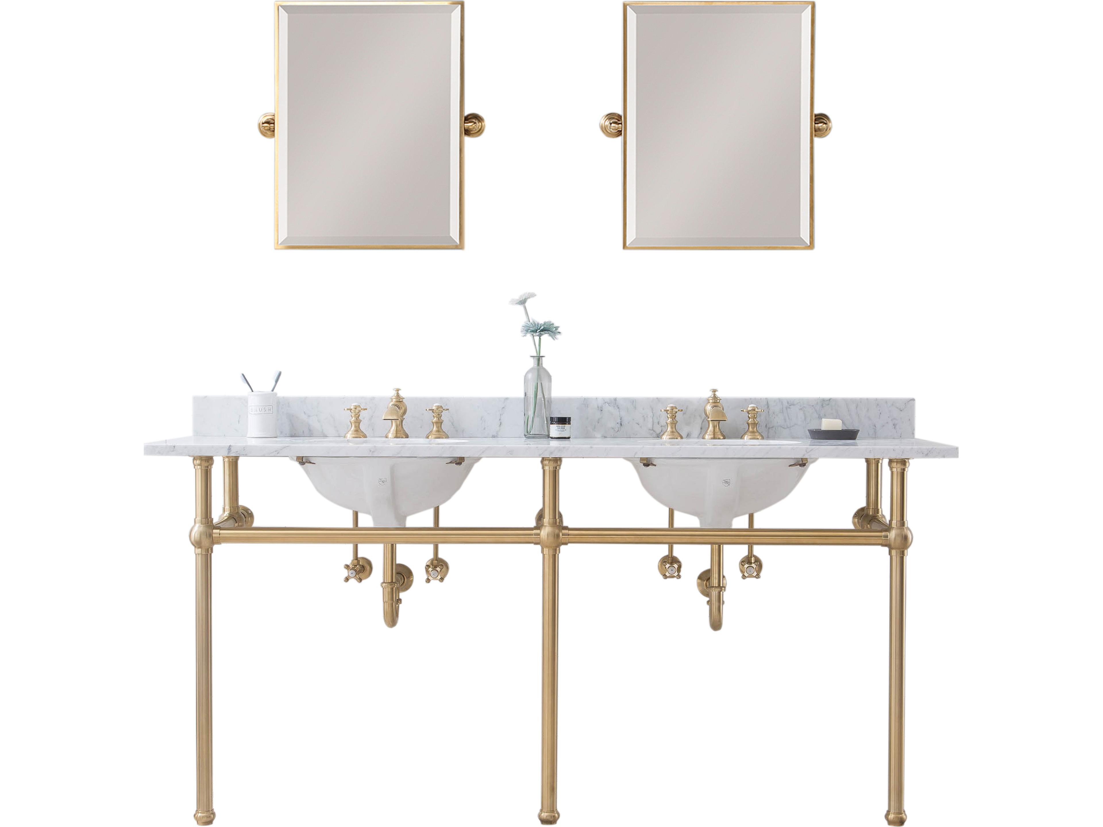 Embassy Double Wash Stand, P-Trap, Carrara White Marble Countertop with Oval Basins, Waterfall Faucets and Rectangular Pivot Mirrors in Satin Gold Finish