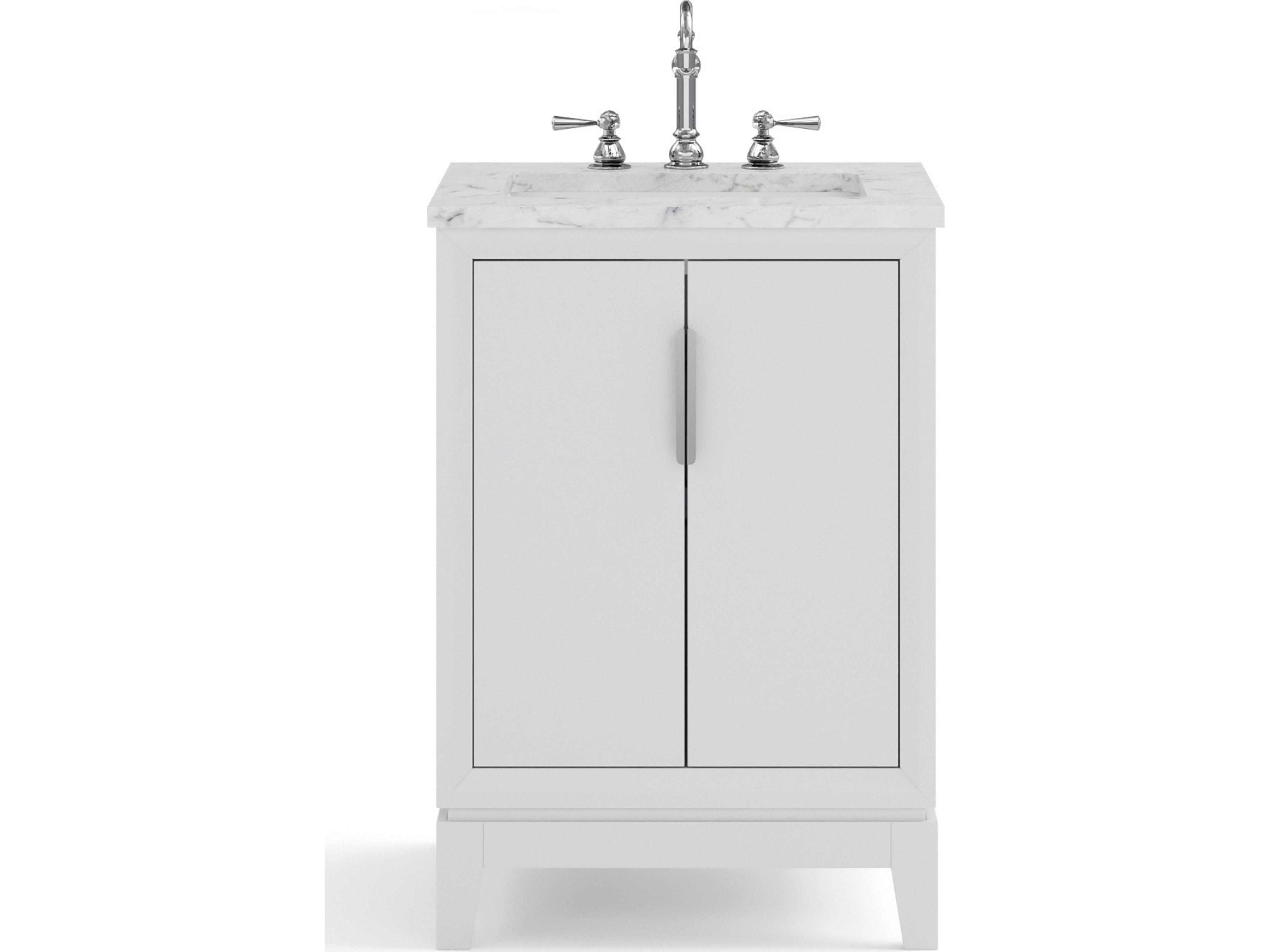 Water Creation Elizabeth Single Sink Carrara White Marble Countertop Bath Vanity In Pure White With Brushed Silver Hardware and Chrome Hook Faucet