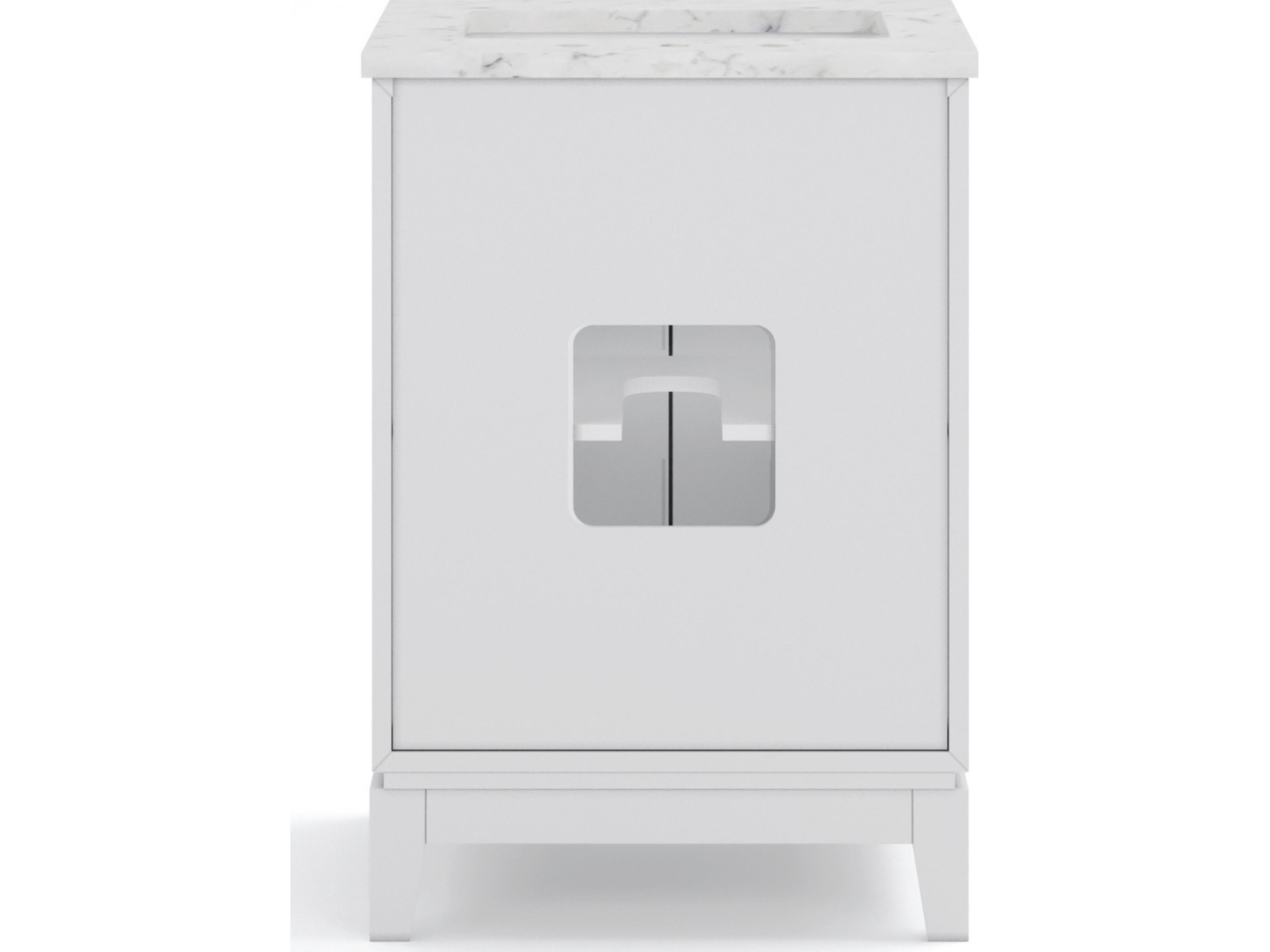 Water Creation Elizabeth Single Sink Carrara White Marble Countertop Bath Vanity In Pure White With Brushed Silver Hardware and Chrome Hook Faucet