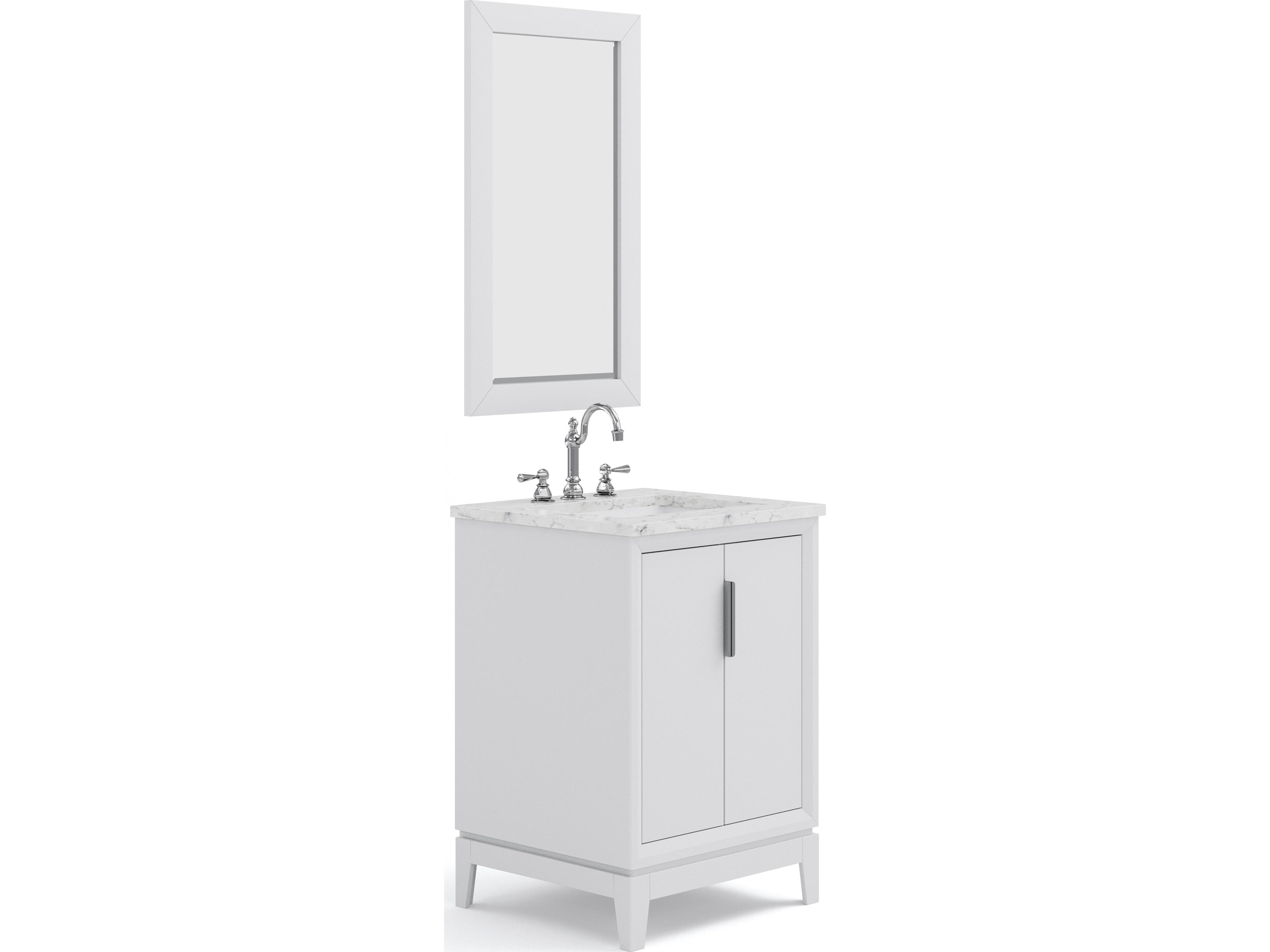 Water Creation Elizabeth Chrome Vanity Single Sink Carrara White Marble Countertop Bath Vanity In Pure White With Brushed Silver Hardware, Chrome Hook Faucet and Rectangular Mirror (S)