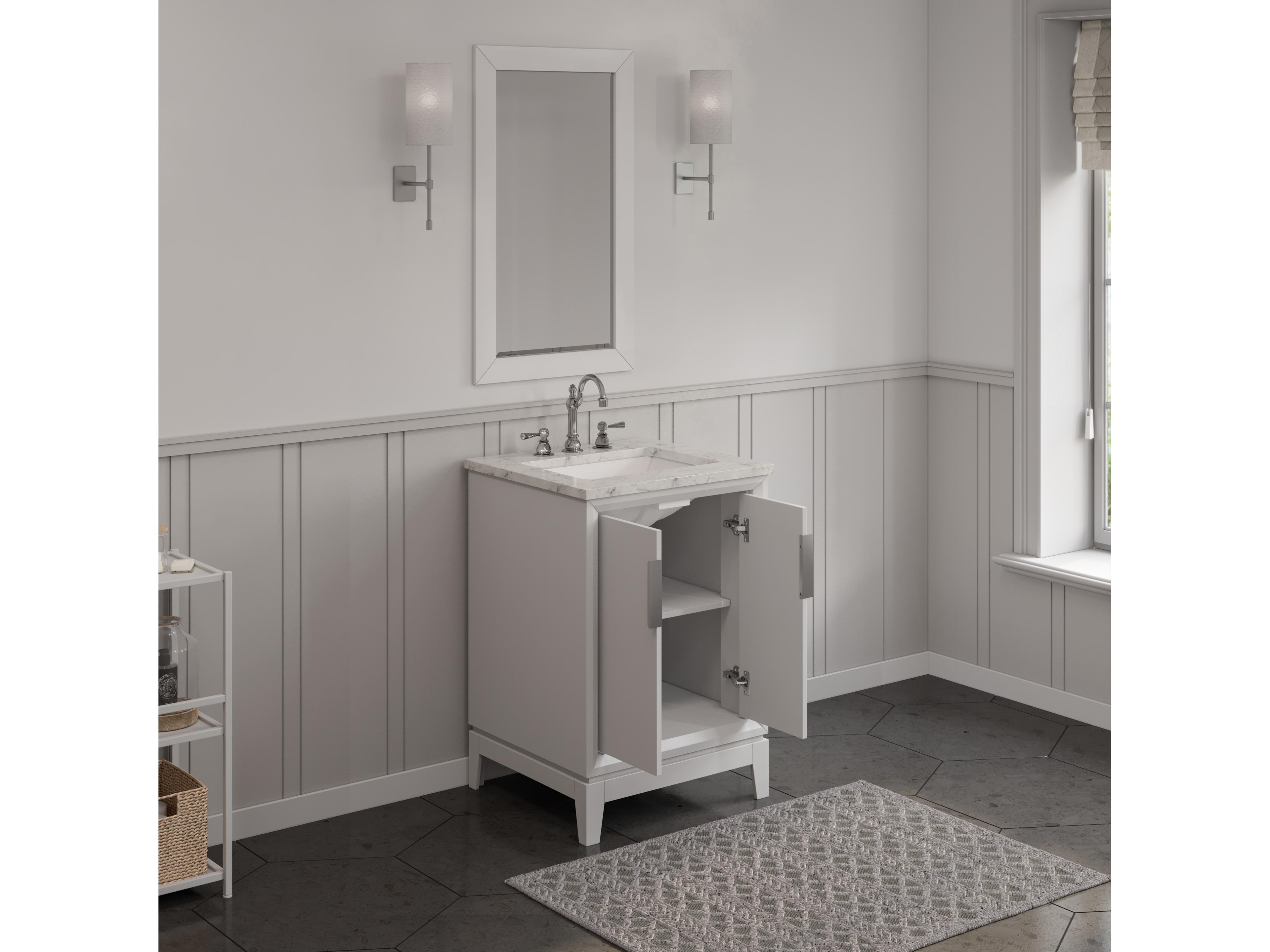 Water Creation Elizabeth Chrome Vanity Single Sink Carrara White Marble Countertop Bath Vanity In Pure White With Brushed Silver Hardware, Chrome Hook Faucet and Rectangular Mirror (S)