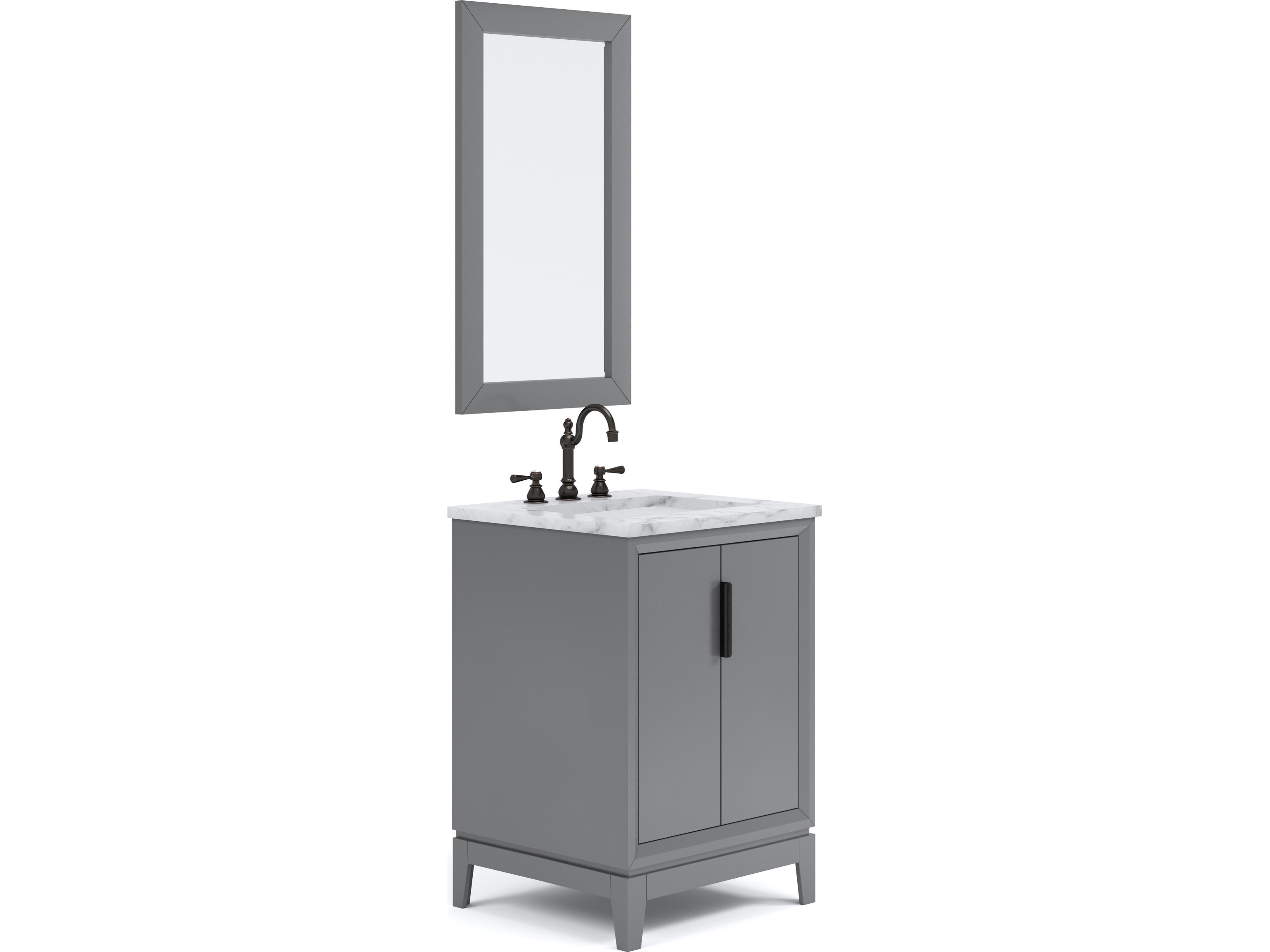 Water Creation Elizabeth Single Sink Carrara White Marble Vanity In Cashmere Grey With Matching Mirror and Hook Faucets