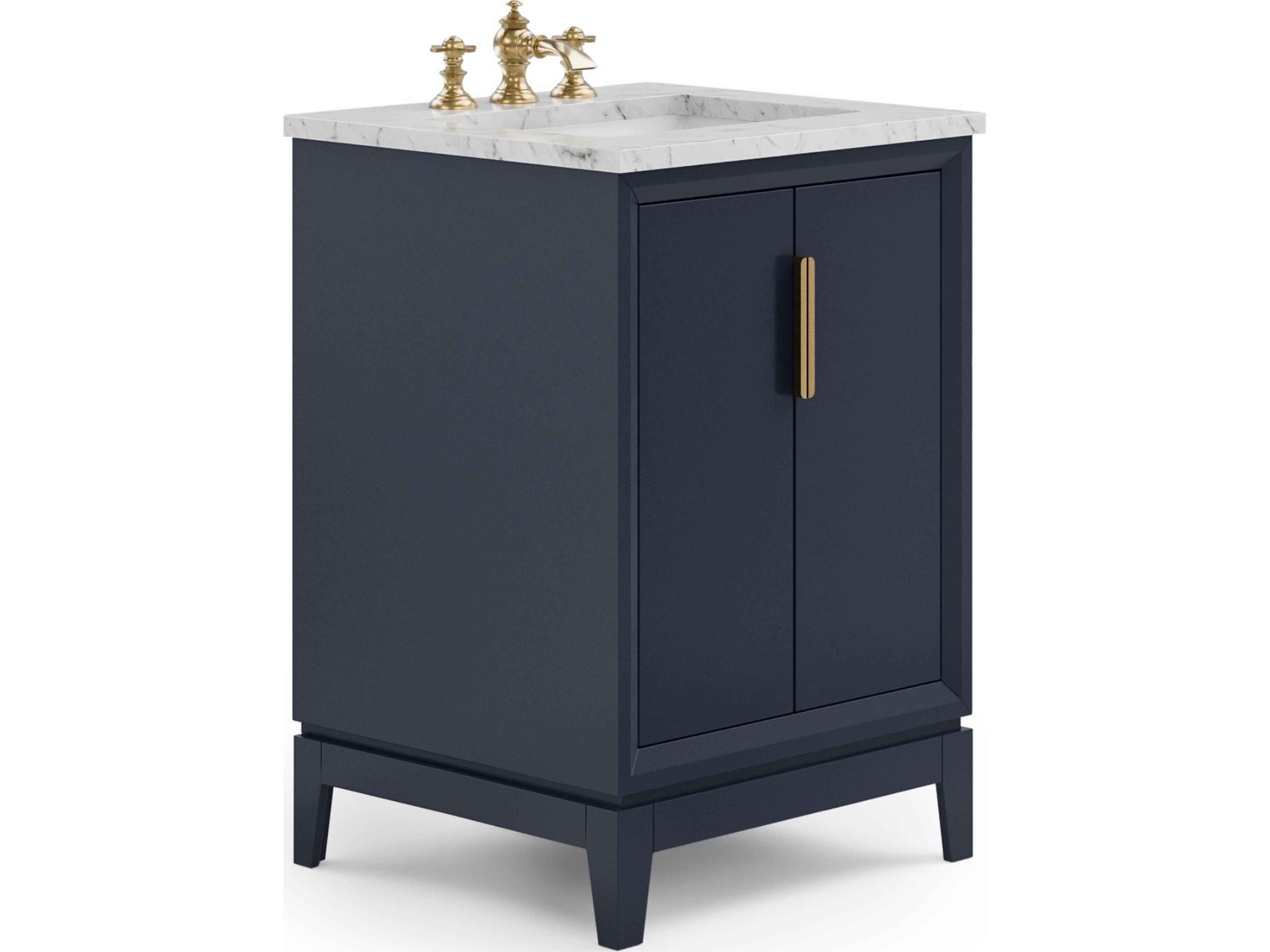 Water Creation Elizabeth Single Sink Carrara White Marble Countertop Bath Vanity In Monarch Blue With Satin Gold Hardware and Waterfall Faucet